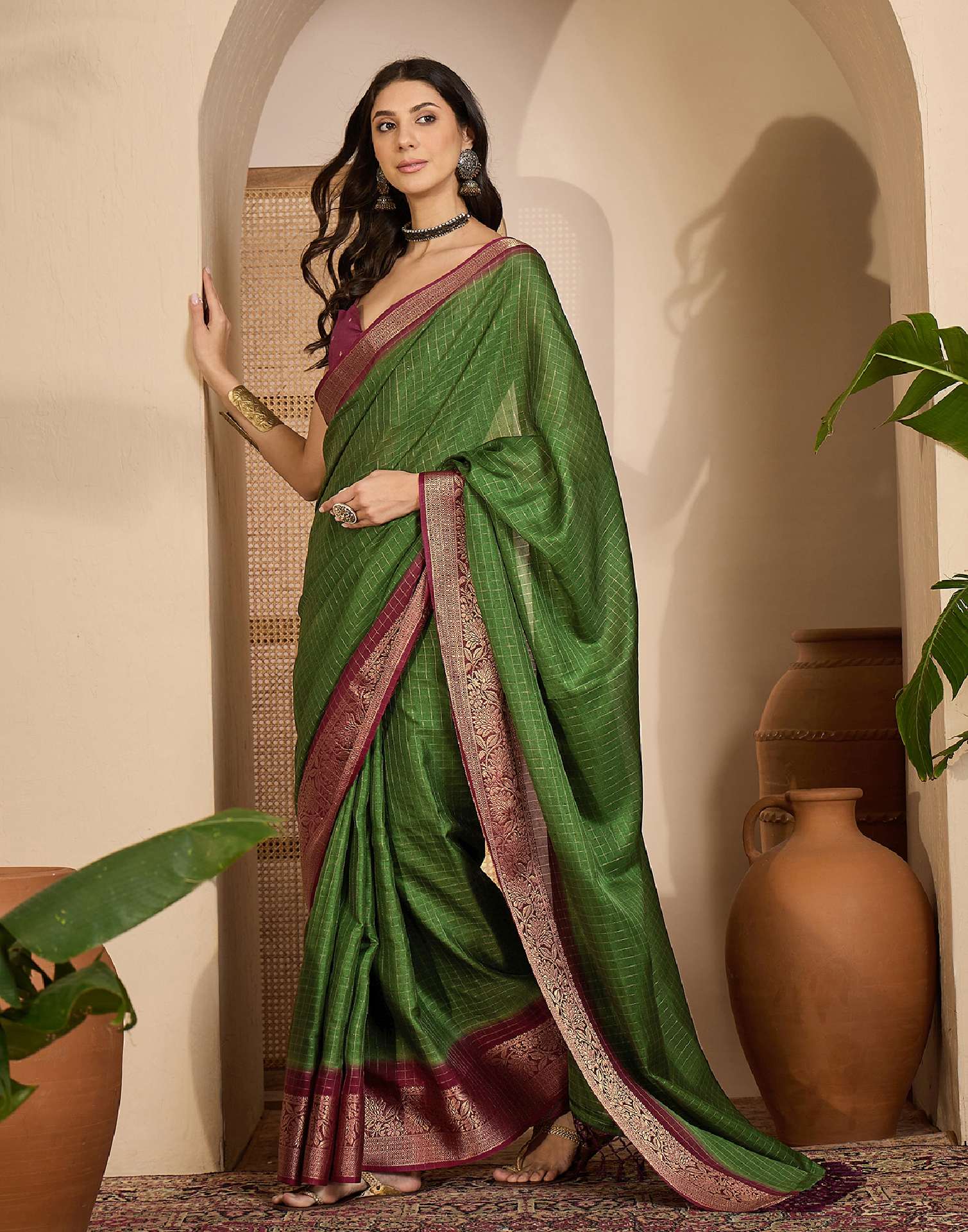Olive Green Silk Woven Zari Stripe Saree - Image 5