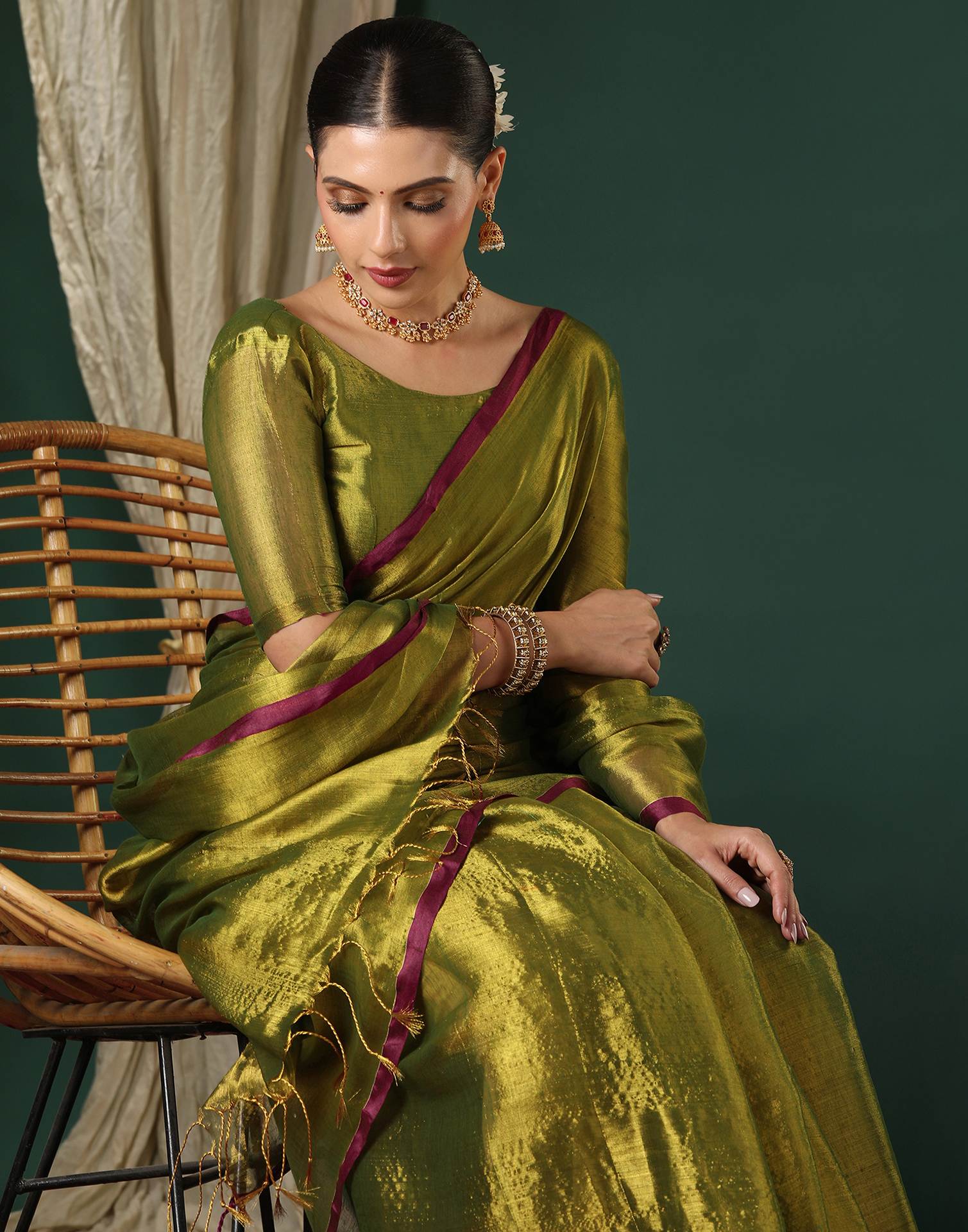 Olive Green Tissue Silk Top Dyed Kanjivaram Saree - Image 2
