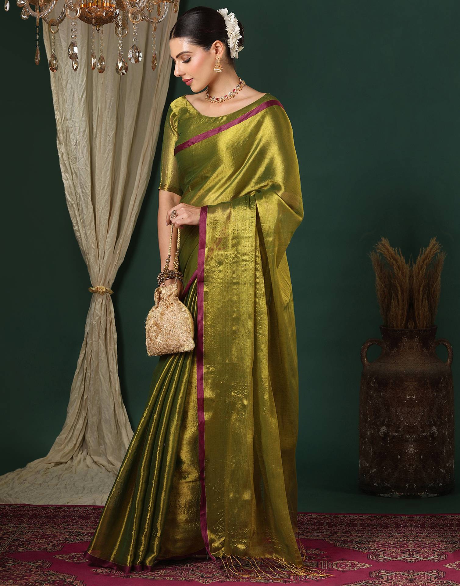 Olive Green Tissue Silk Top Dyed Kanjivaram Saree - Image 5