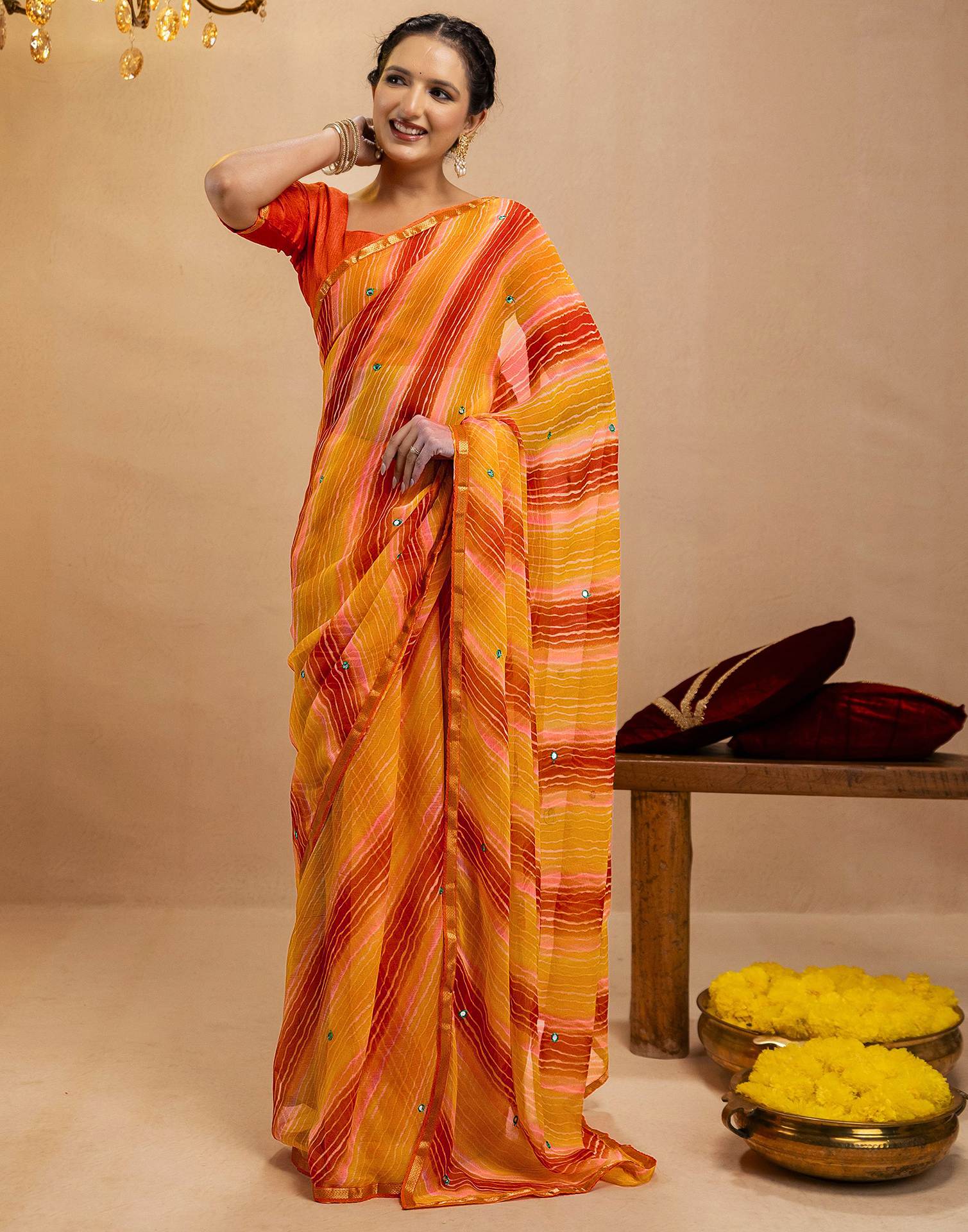 Orange Chiffon Mirror Work Laheria Printed Saree