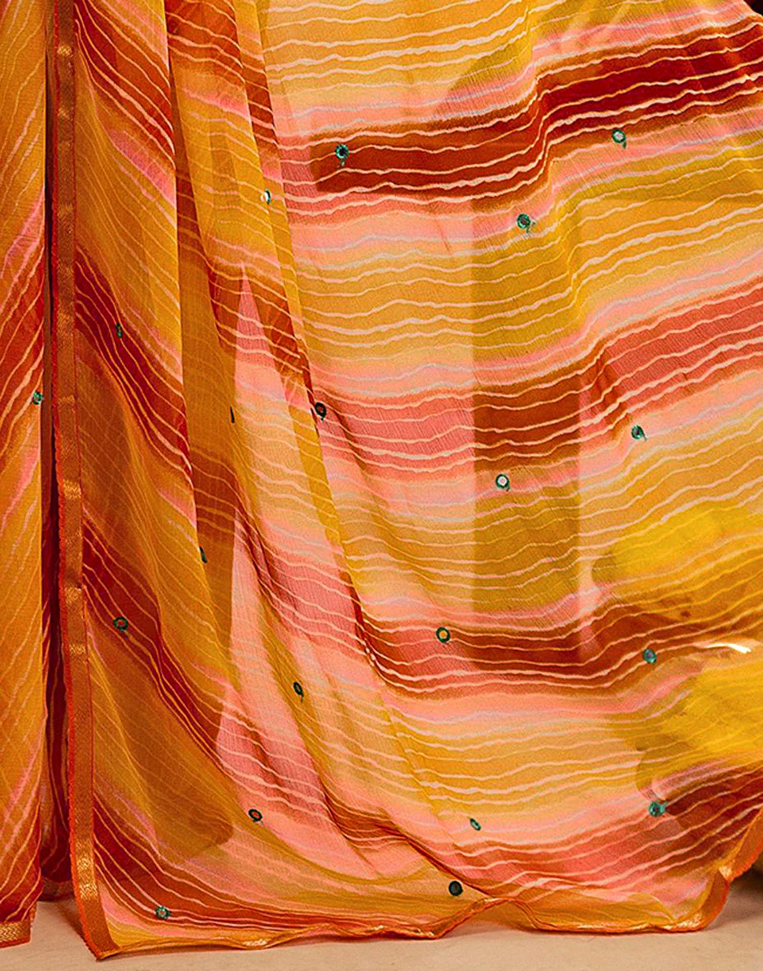 Orange Chiffon Mirror Work Laheria Printed Saree - Image 11