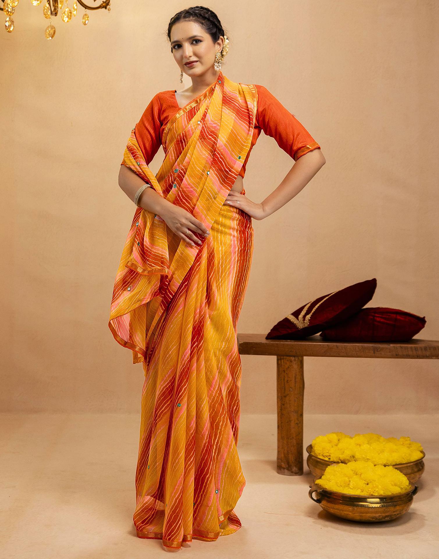 Orange Chiffon Mirror Work Laheria Printed Saree - Image 7