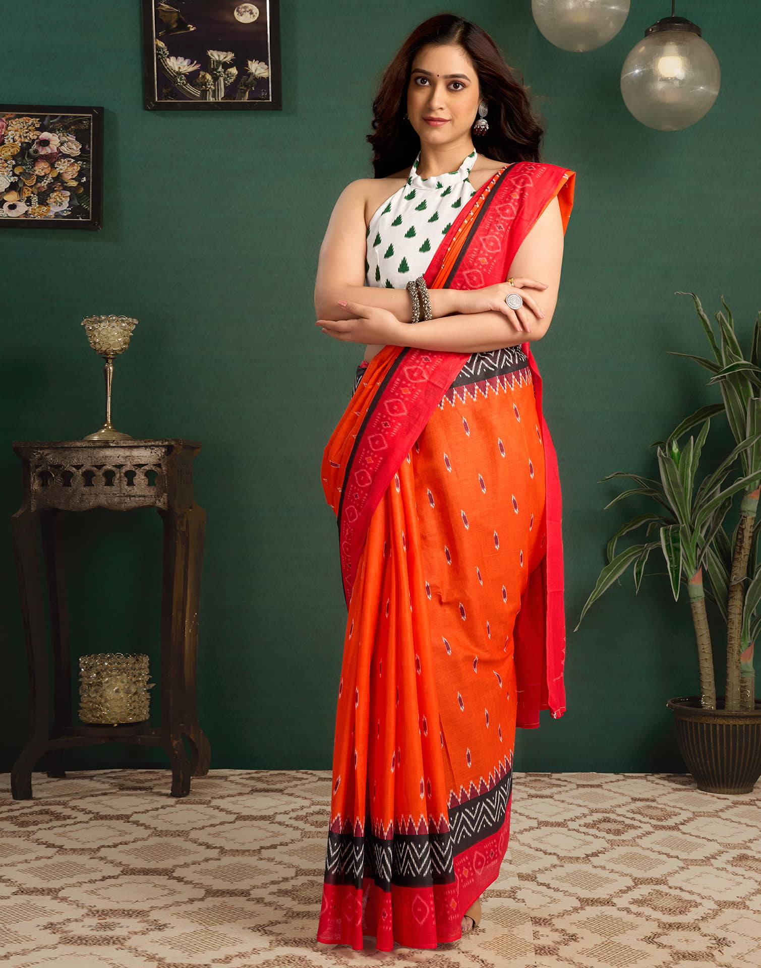 Orange Cotton Ikkat Printed Saree - Image 4