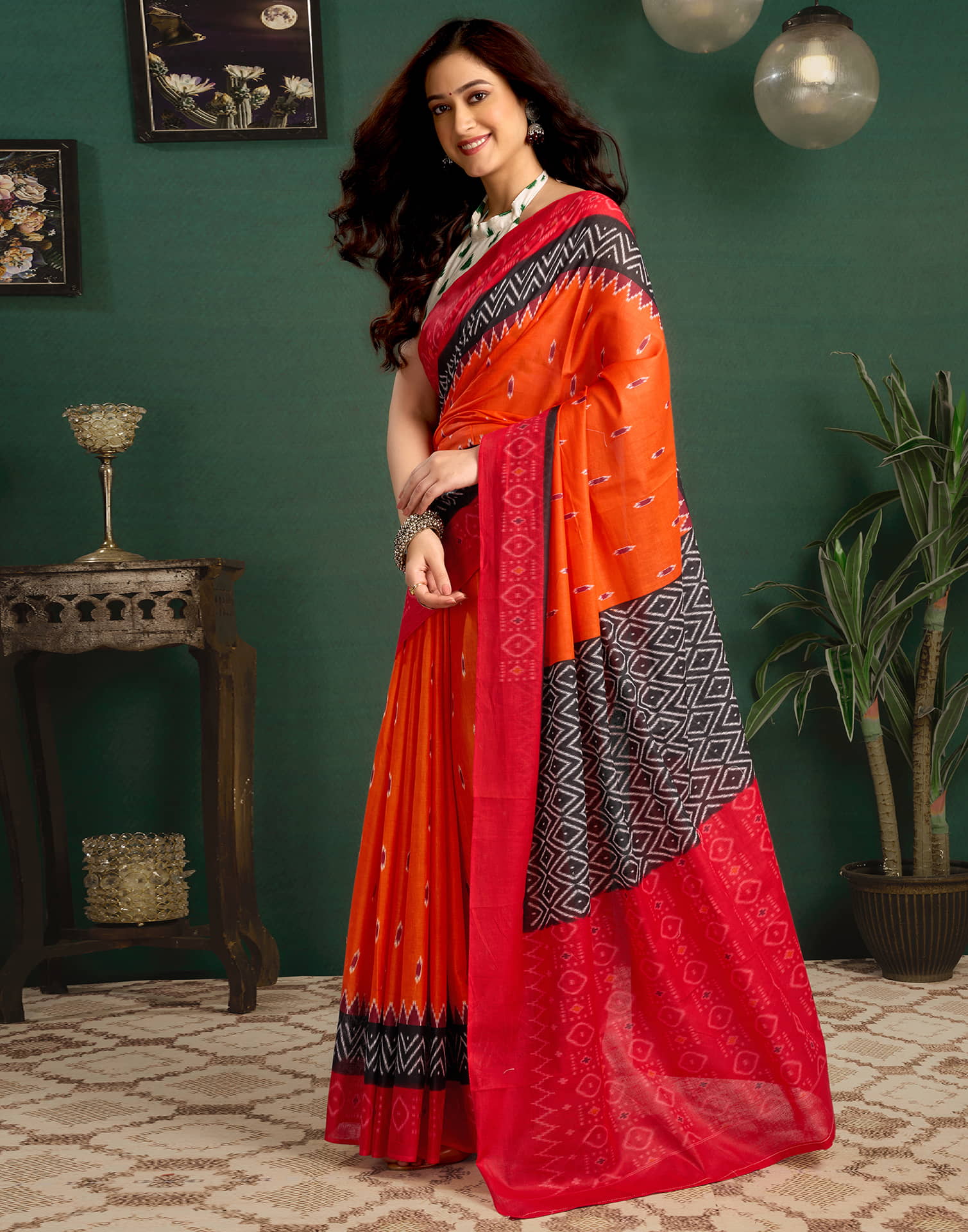 Orange Cotton Ikkat Printed Saree - Image 5