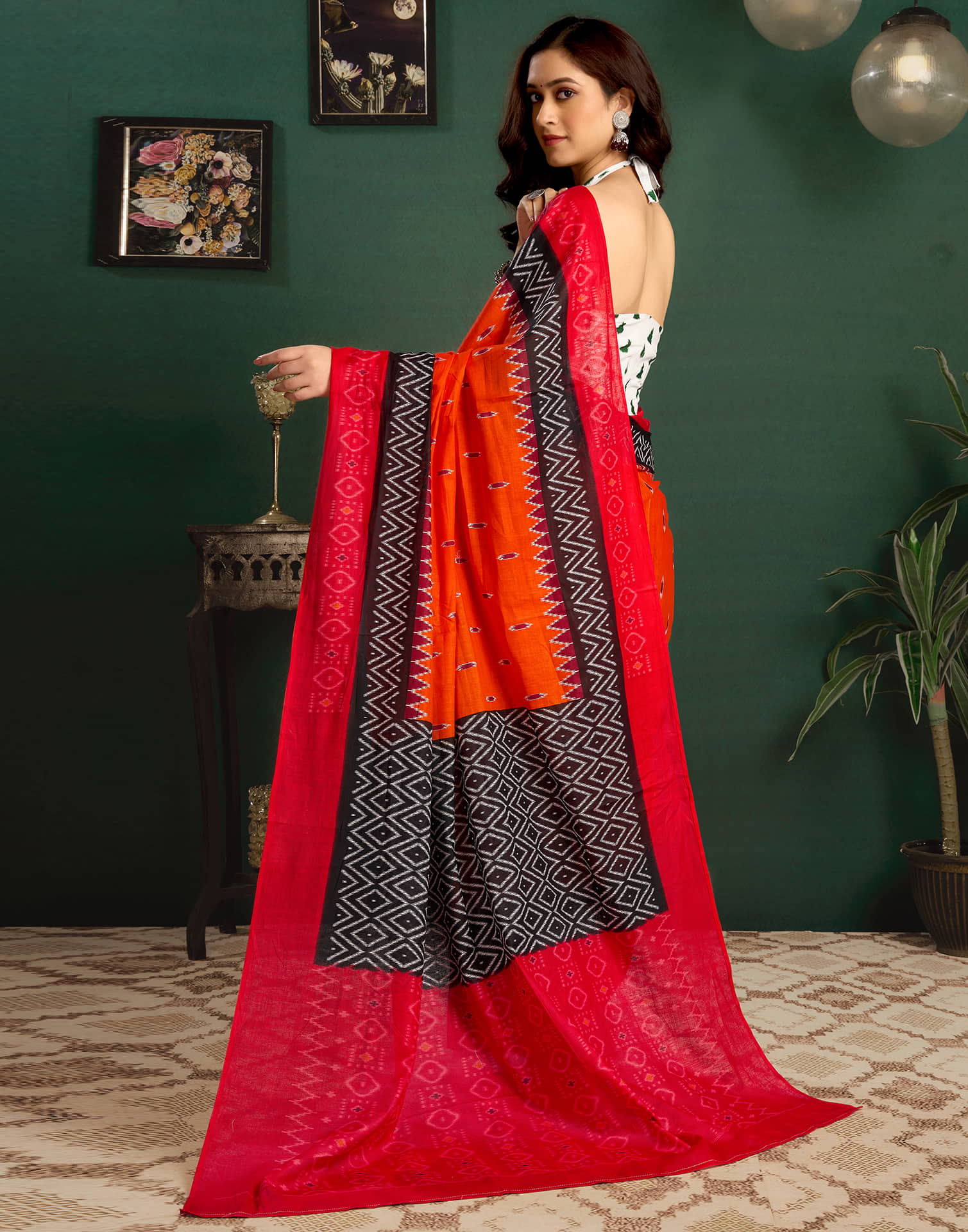 Orange Cotton Ikkat Printed Saree - Image 6