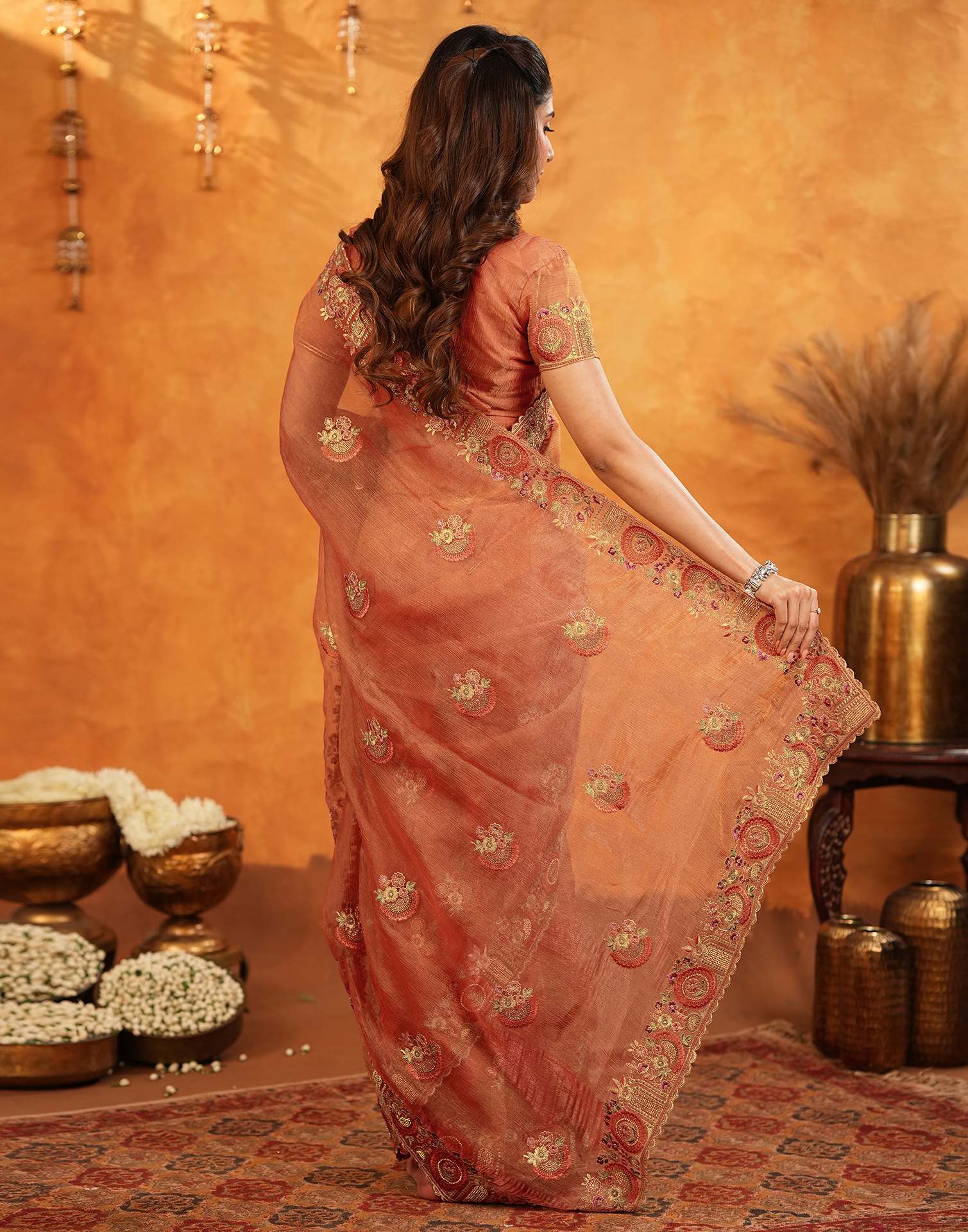 Orange Crush Tissue Stone Work Embroidery Saree - Image 8