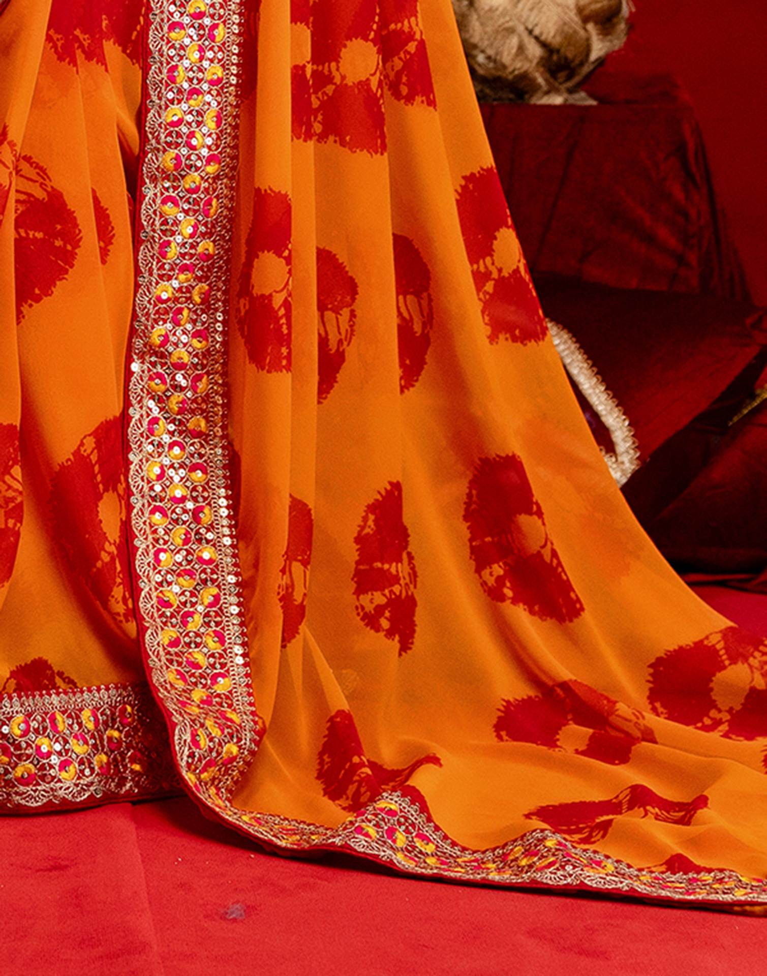 Orange Georgette Bandhani Printed Lace Saree - Image 10