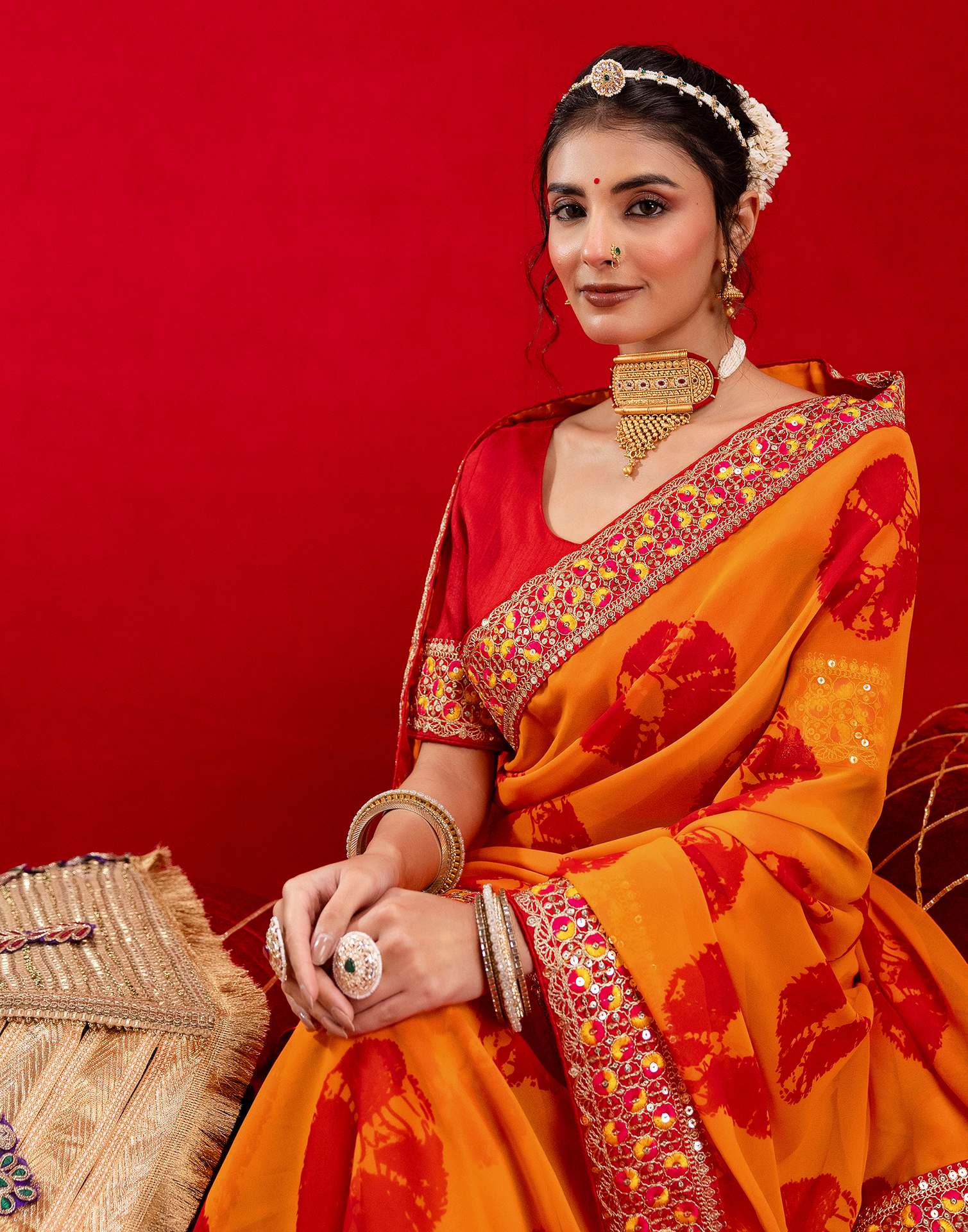 Orange Georgette Bandhani Printed Lace Saree - Image 5