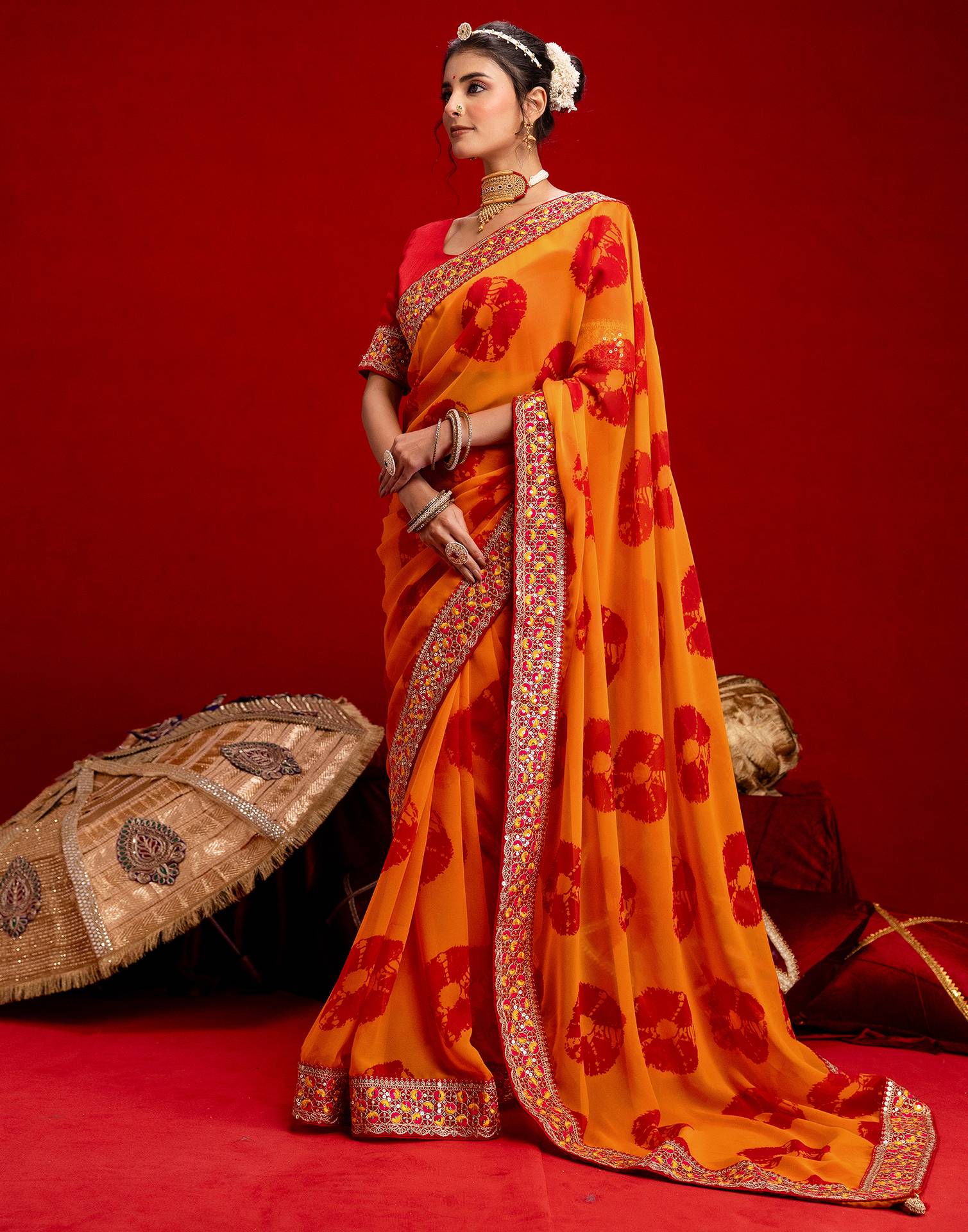 Orange Georgette Bandhani Printed Lace Saree - Image 6