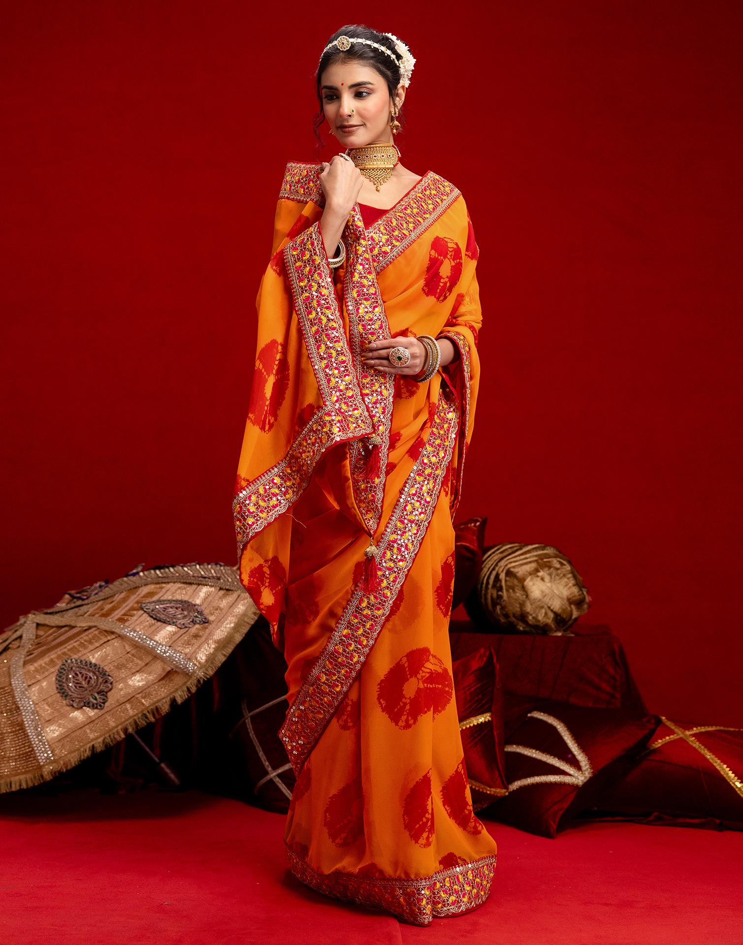 Orange Georgette Bandhani Printed Lace Saree - Image 7