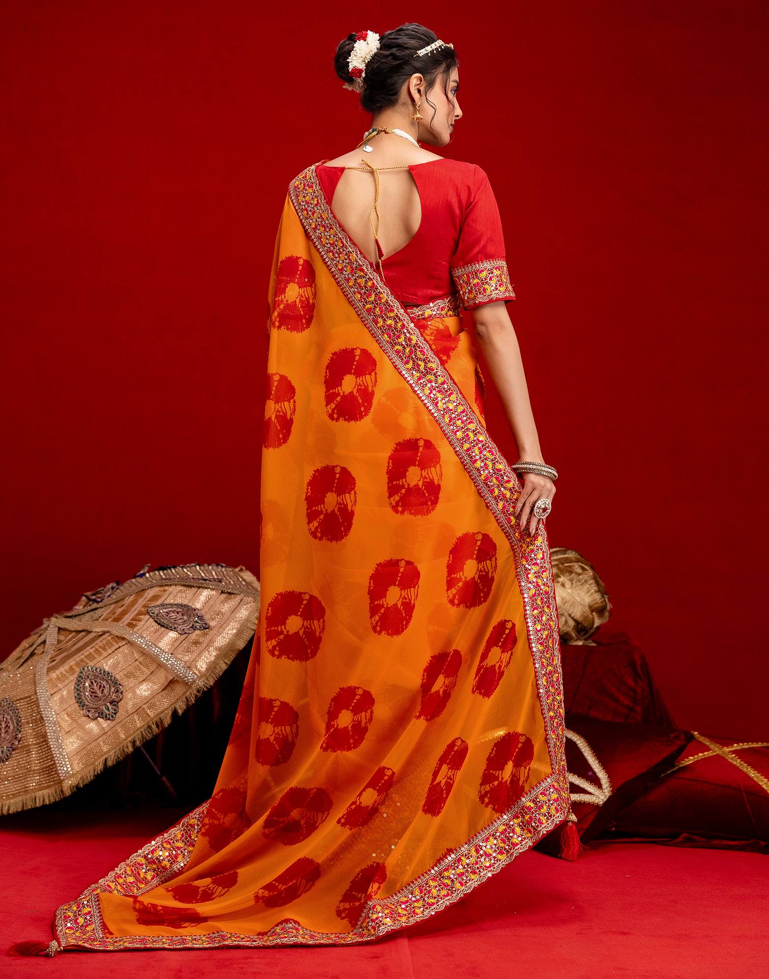Orange Georgette Bandhani Printed Lace Saree - Image 8