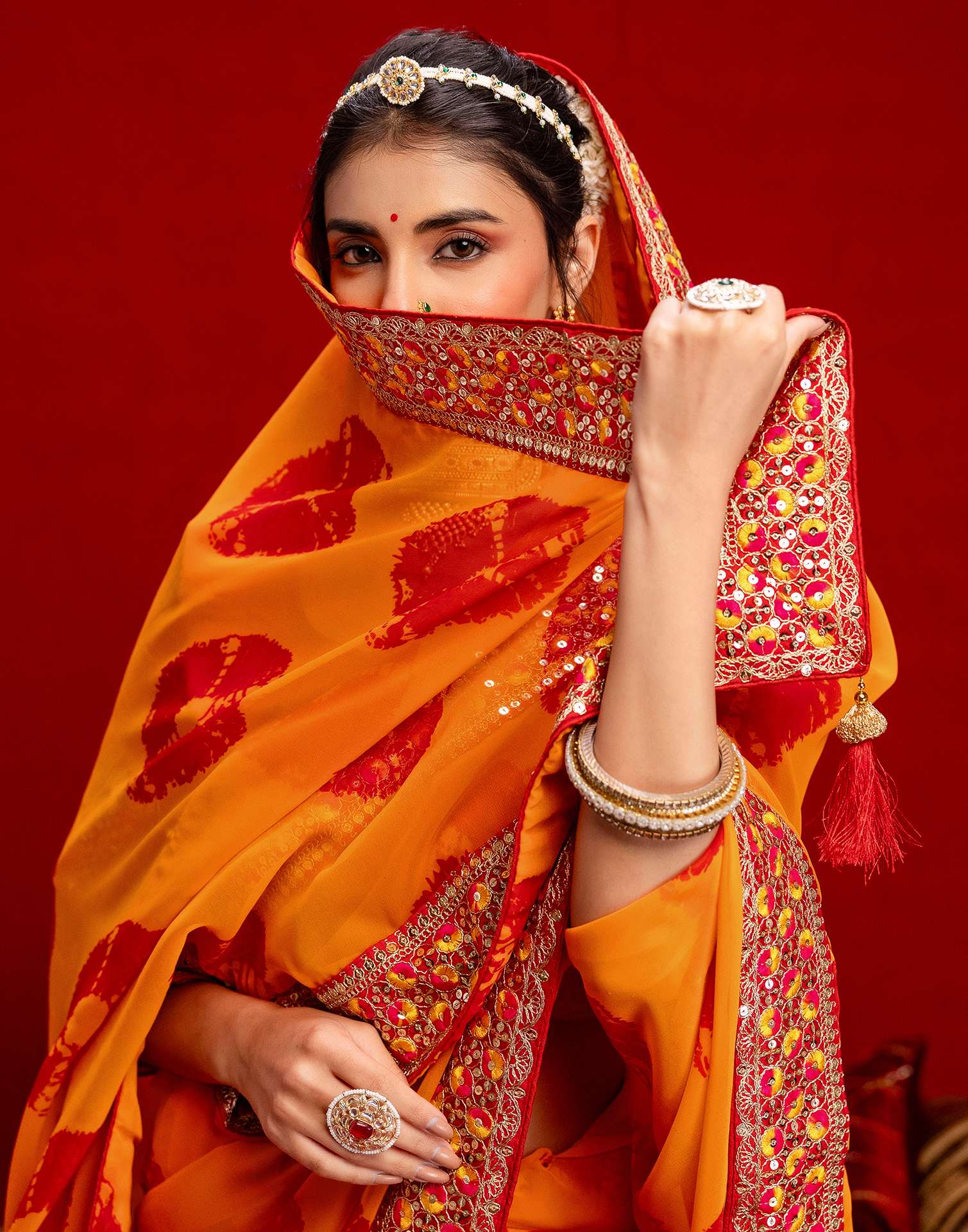 Orange Georgette Bandhani Printed Lace Saree - Image 9
