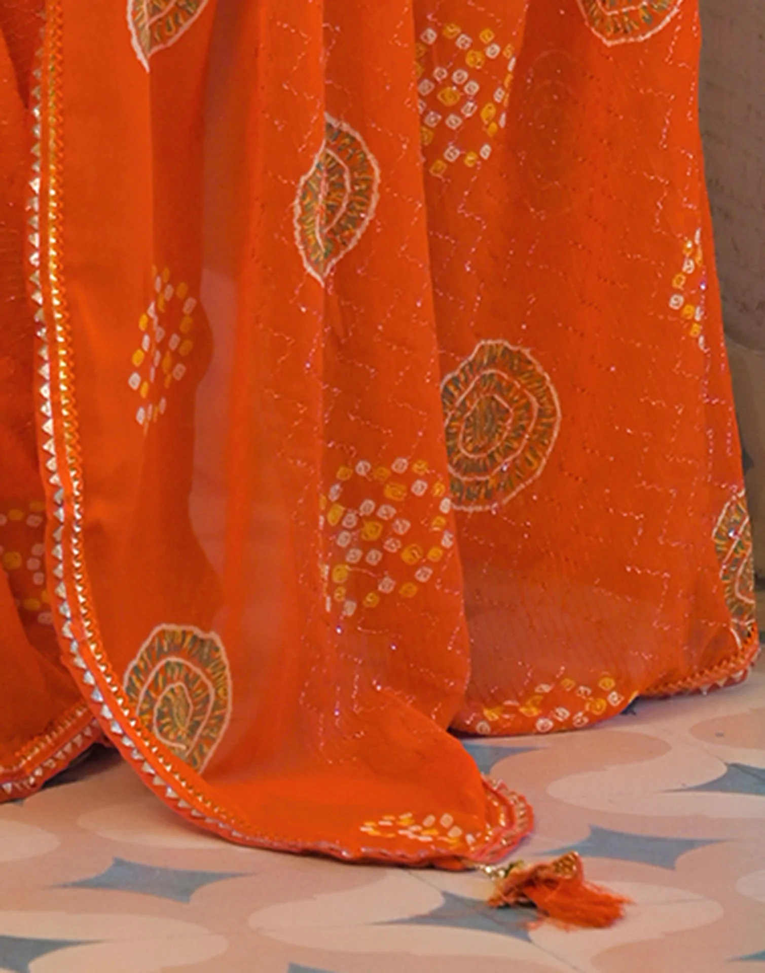 Orange Georgette Bandhani Printed Lace Saree - Image 10