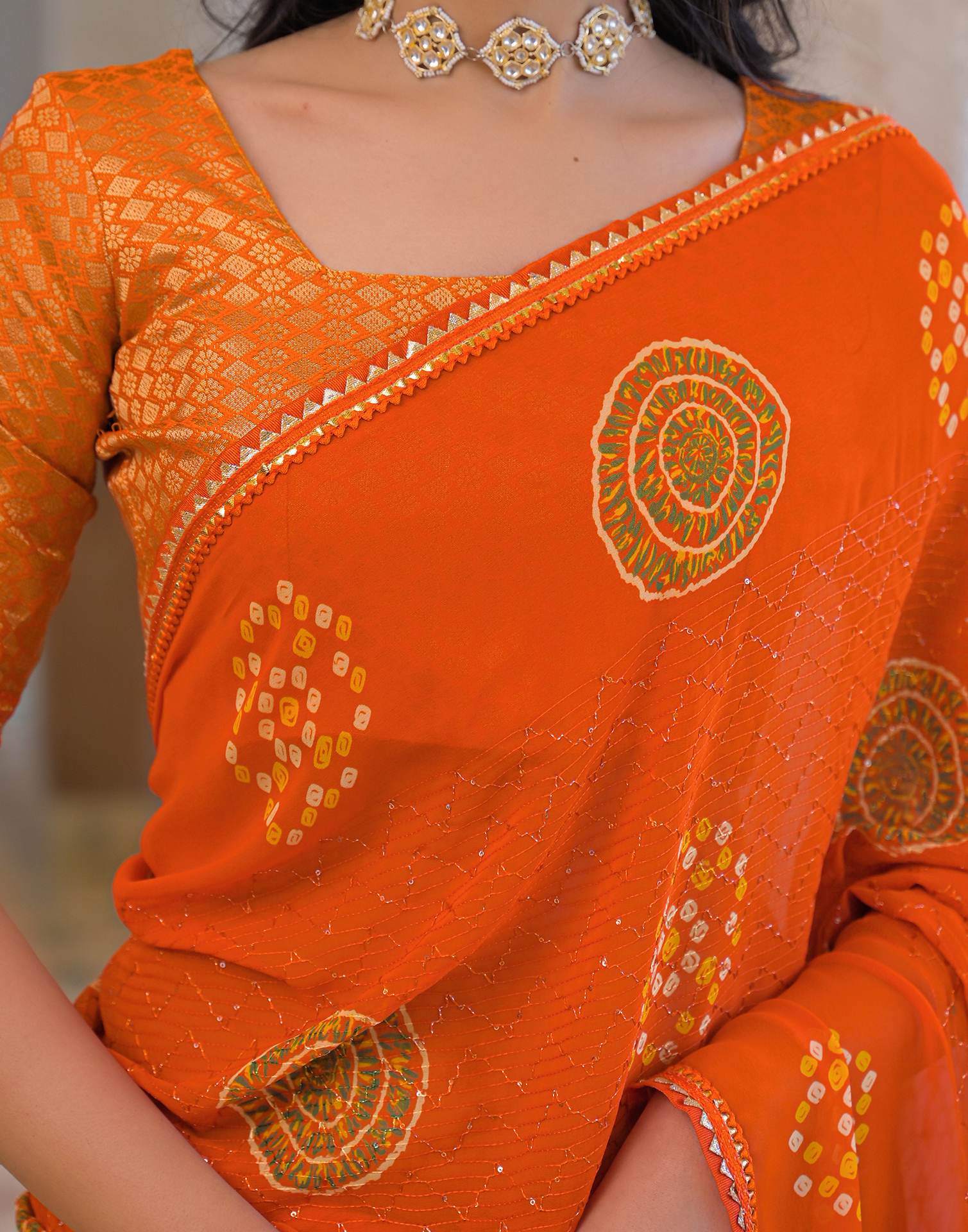 Orange Georgette Bandhani Printed Lace Saree - Image 11