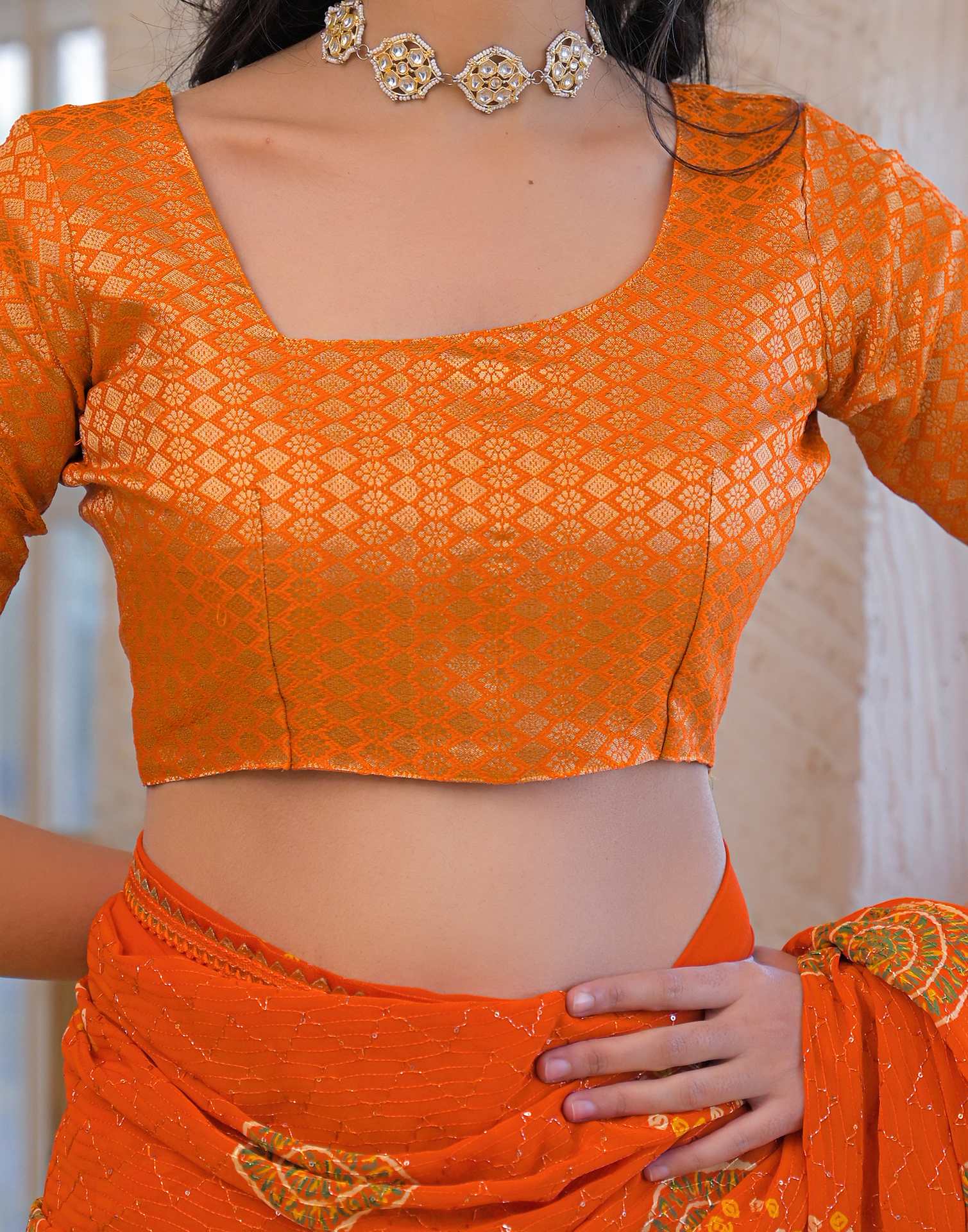 Orange Georgette Bandhani Printed Lace Saree - Image 12