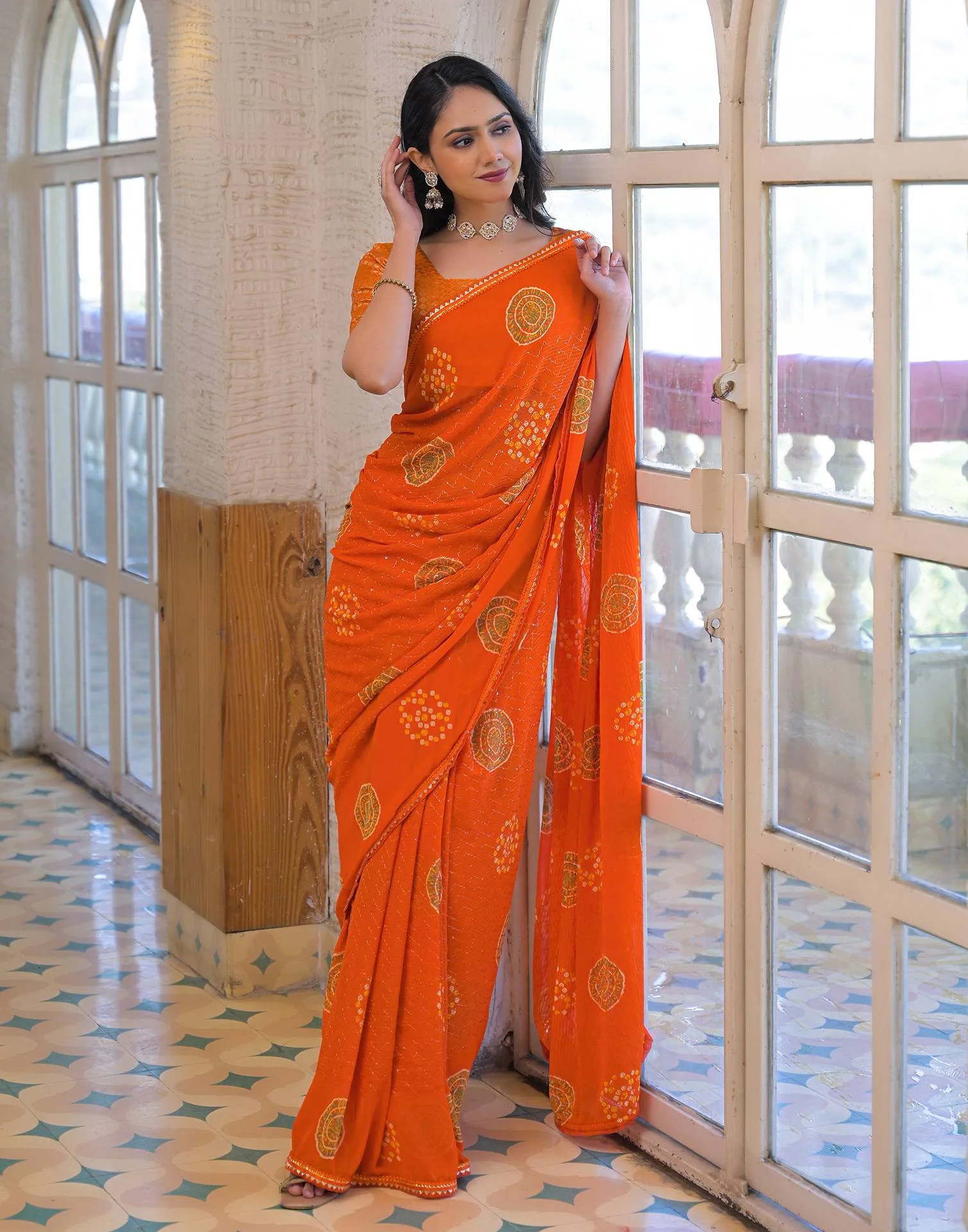 Orange Georgette Bandhani Printed Lace Saree - Image 6