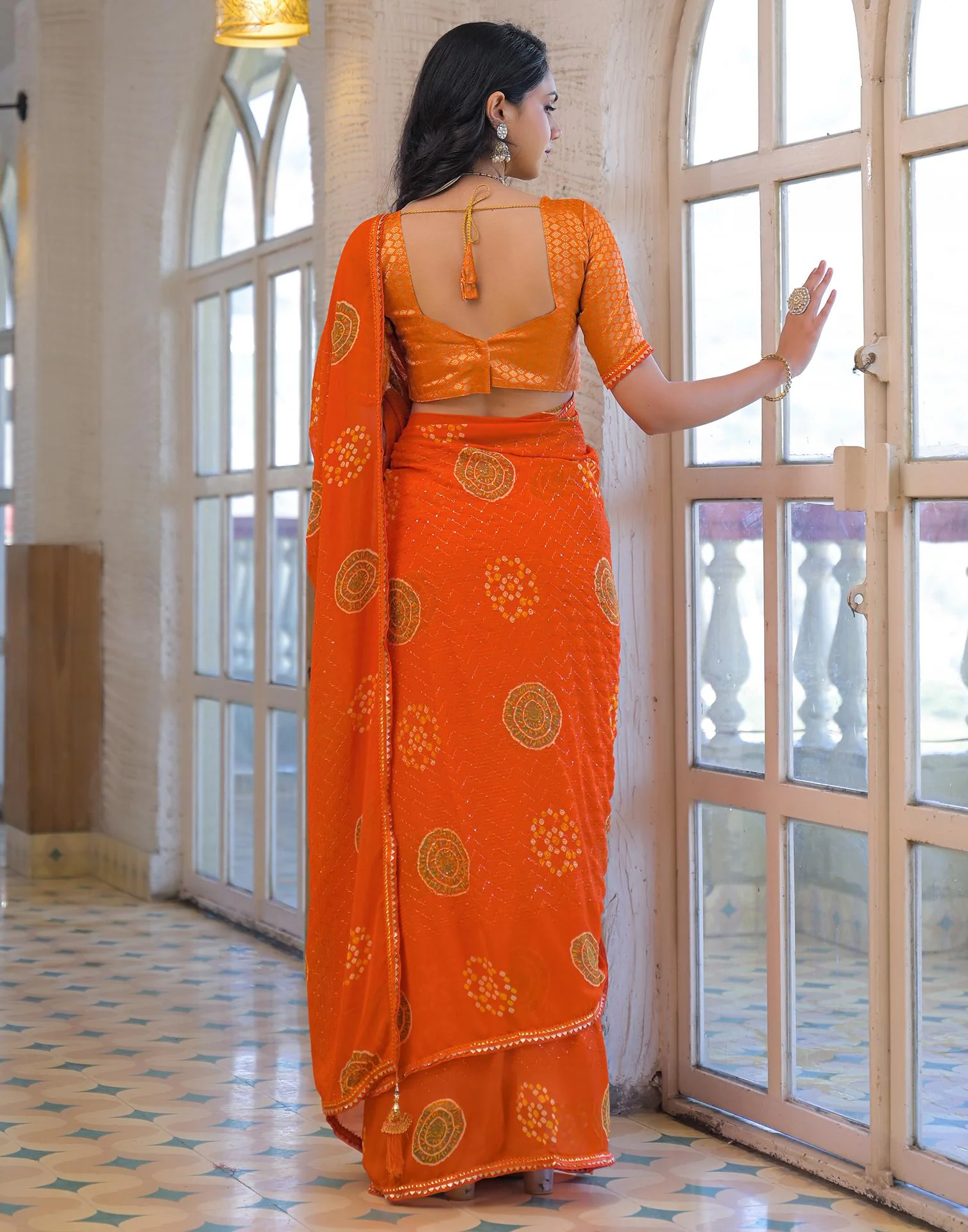 Orange Georgette Bandhani Printed Lace Saree - Image 7