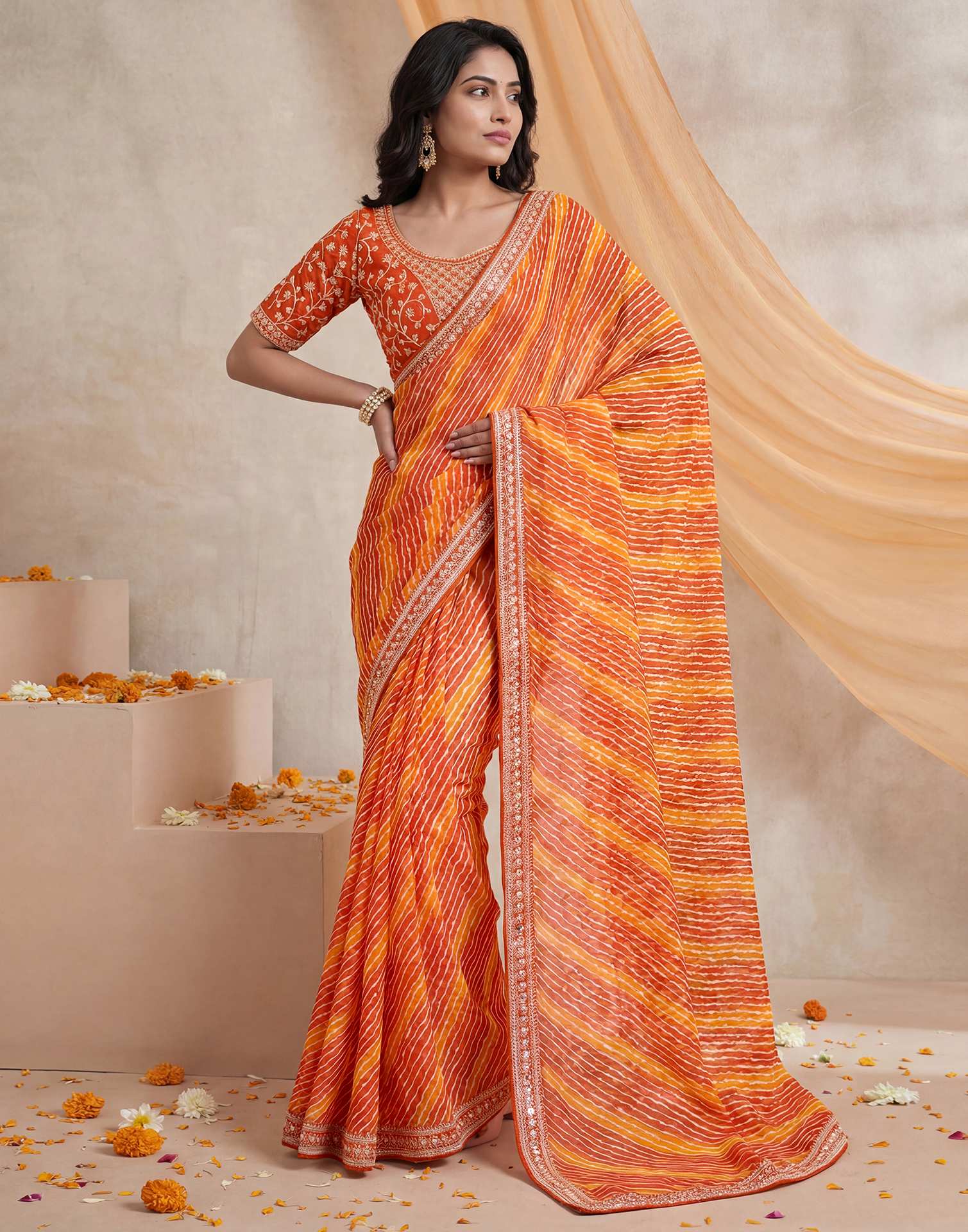 Orange Georgette Laheriya Printed Saree - Image 5