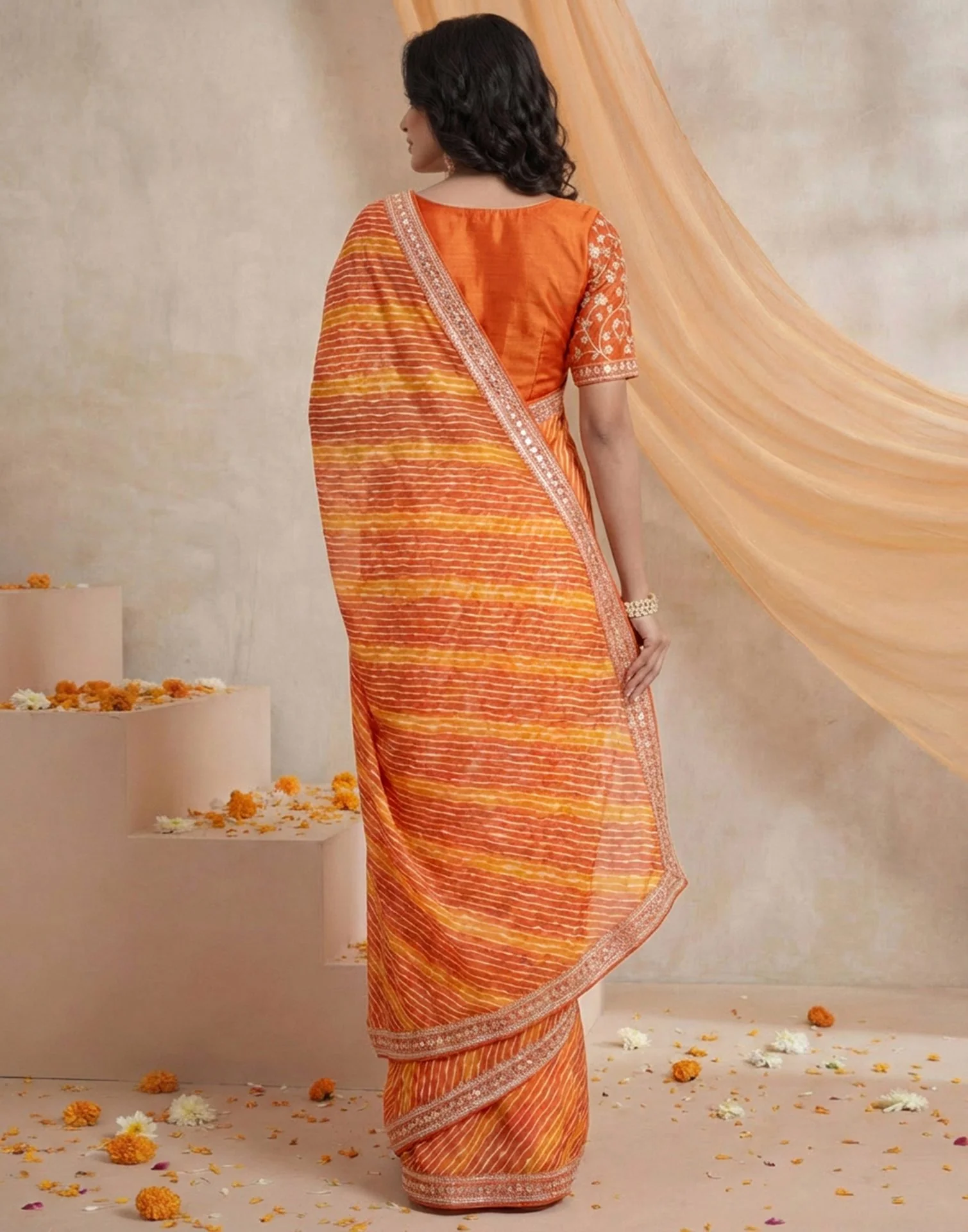 Orange Georgette Laheriya Printed Saree - Image 6