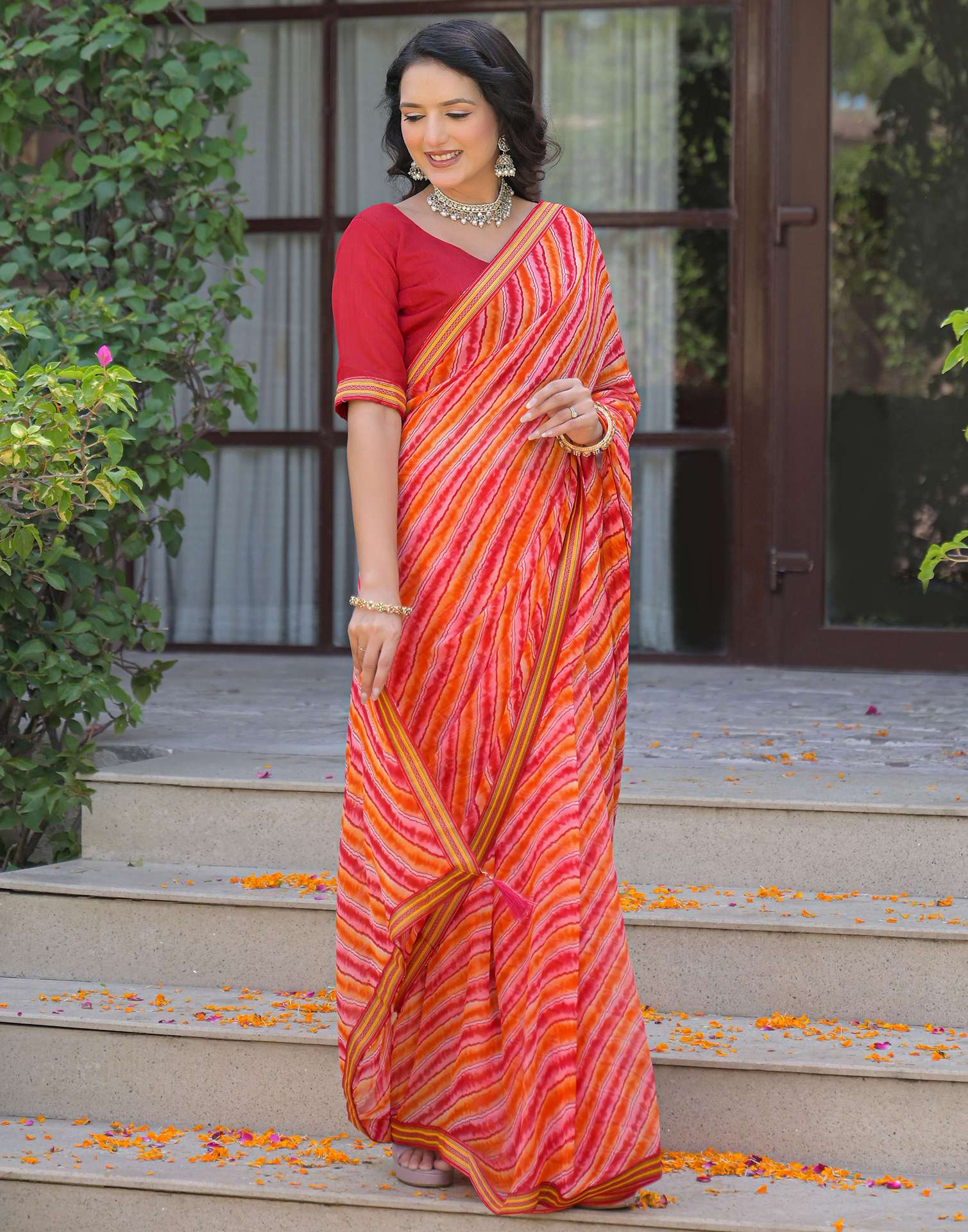 Orange Georgette Laheriya Printed Saree - Image 5