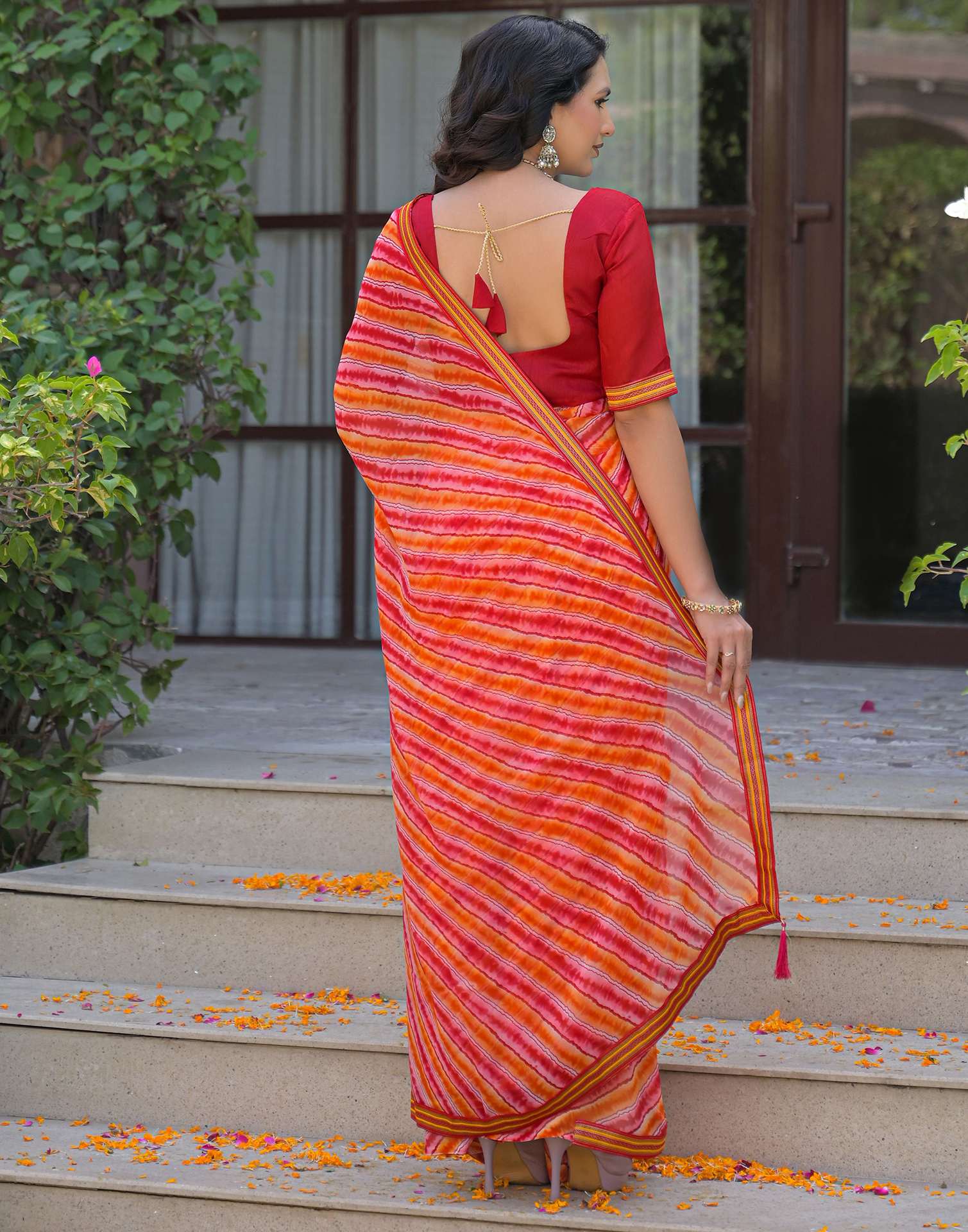 Orange Georgette Laheriya Printed Saree - Image 6