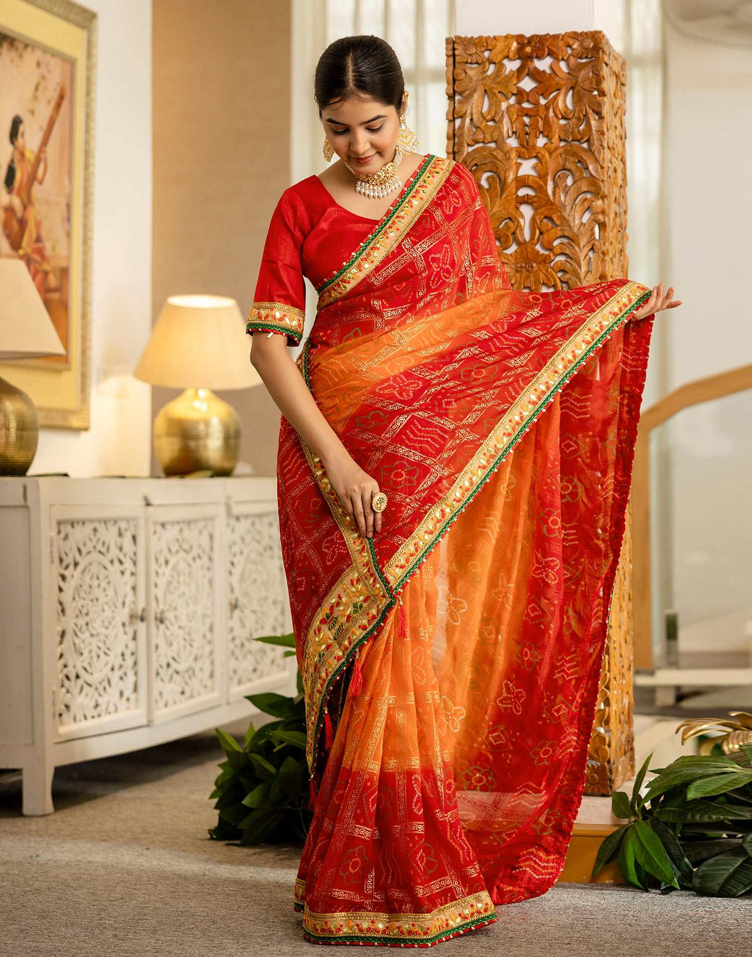 Orange Georgette Printed Bandhani Saree - Image 4