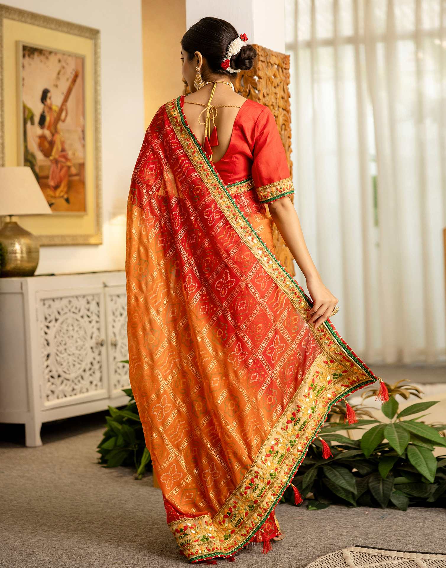 Orange Georgette Printed Bandhani Saree - Image 5