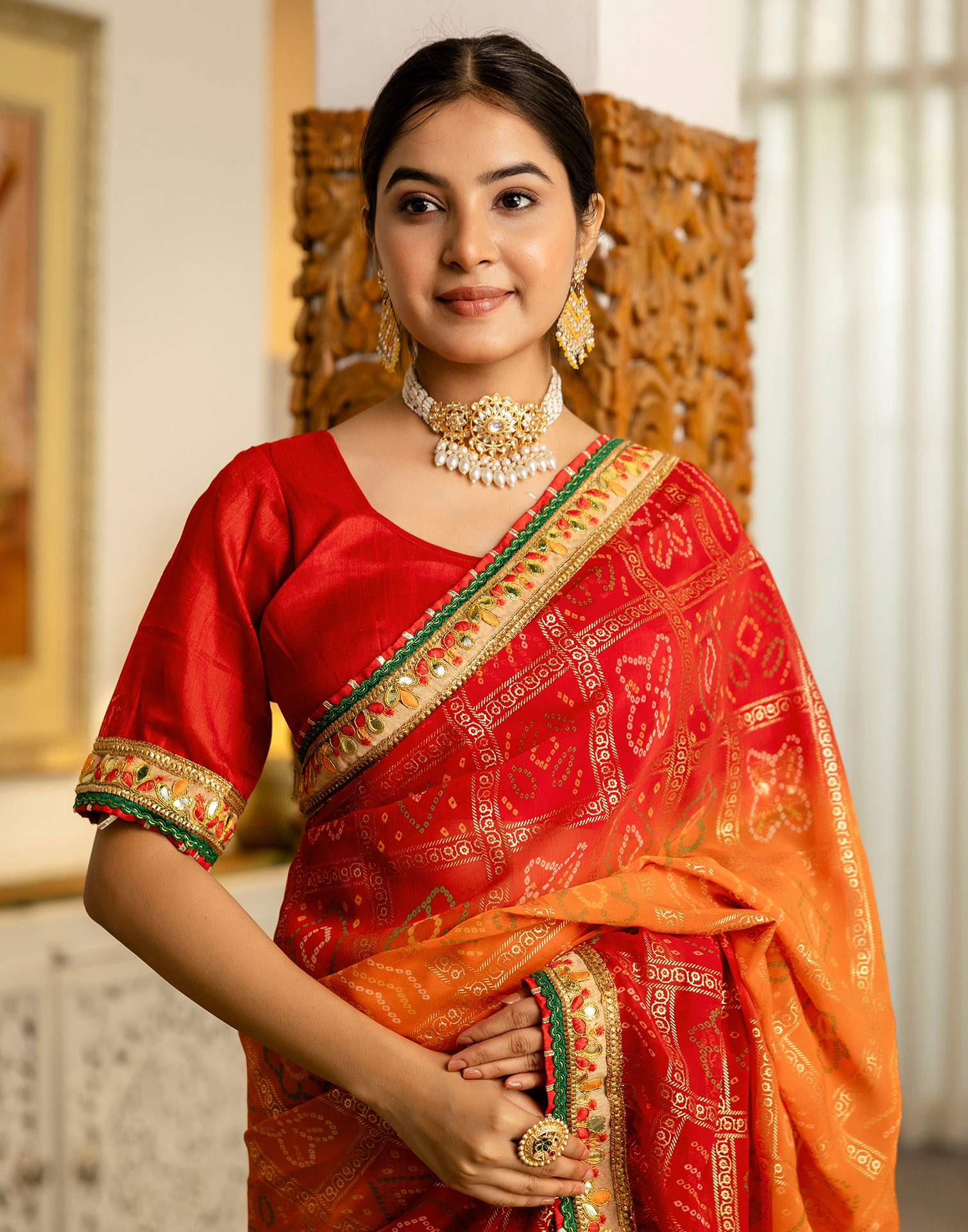 Orange Georgette Printed Bandhani Saree - Image 7