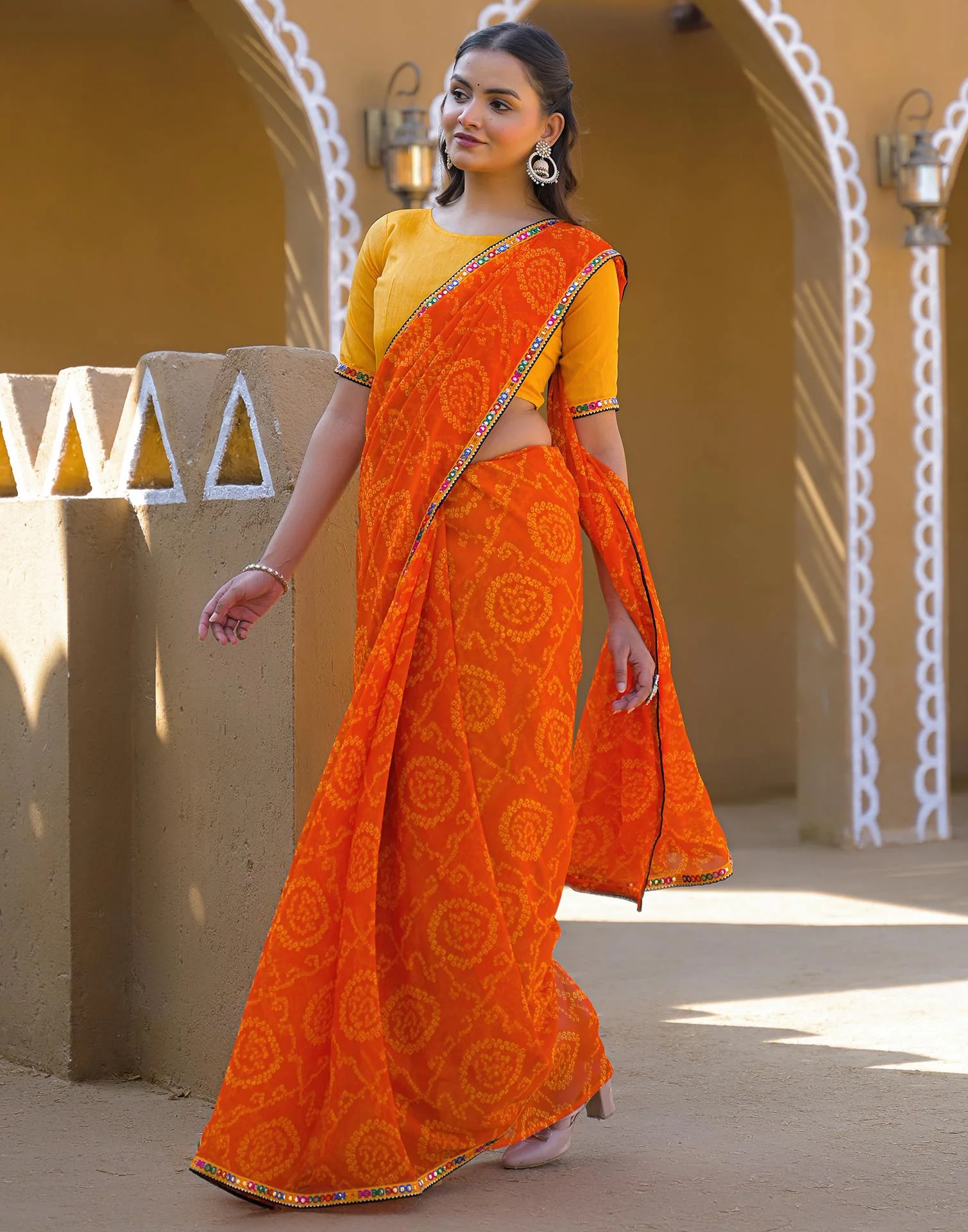 Orange Georgette Printed Bandhani Saree - Image 4