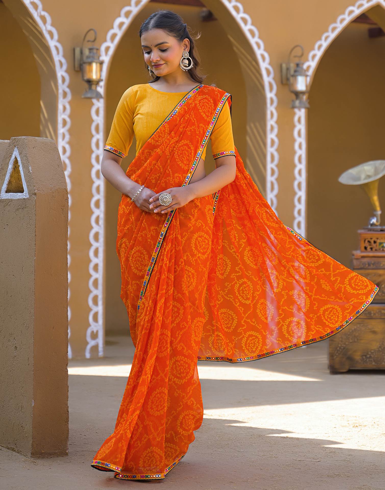 Orange Georgette Printed Bandhani Saree - Image 5