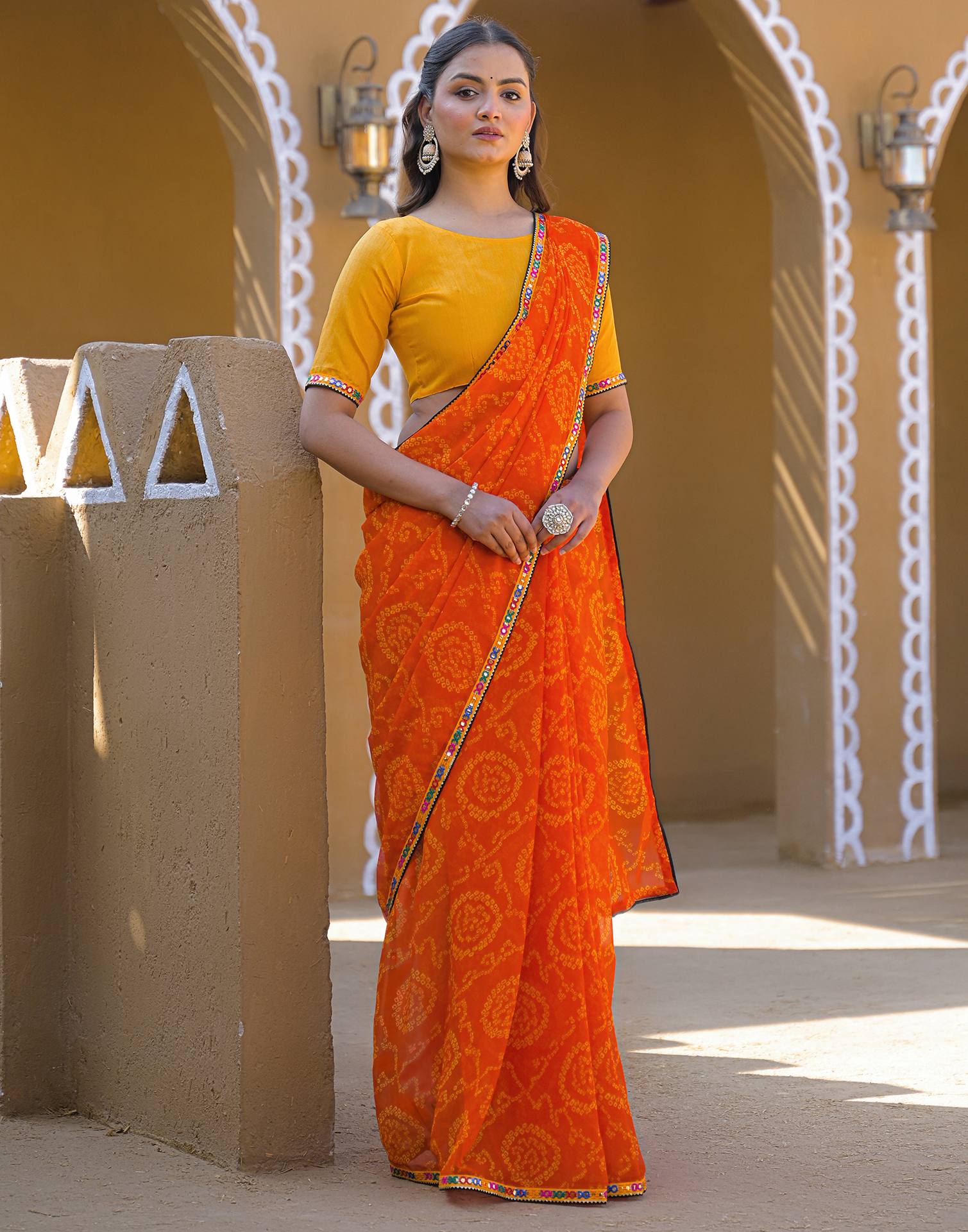 Orange Georgette Printed Bandhani Saree - Image 8
