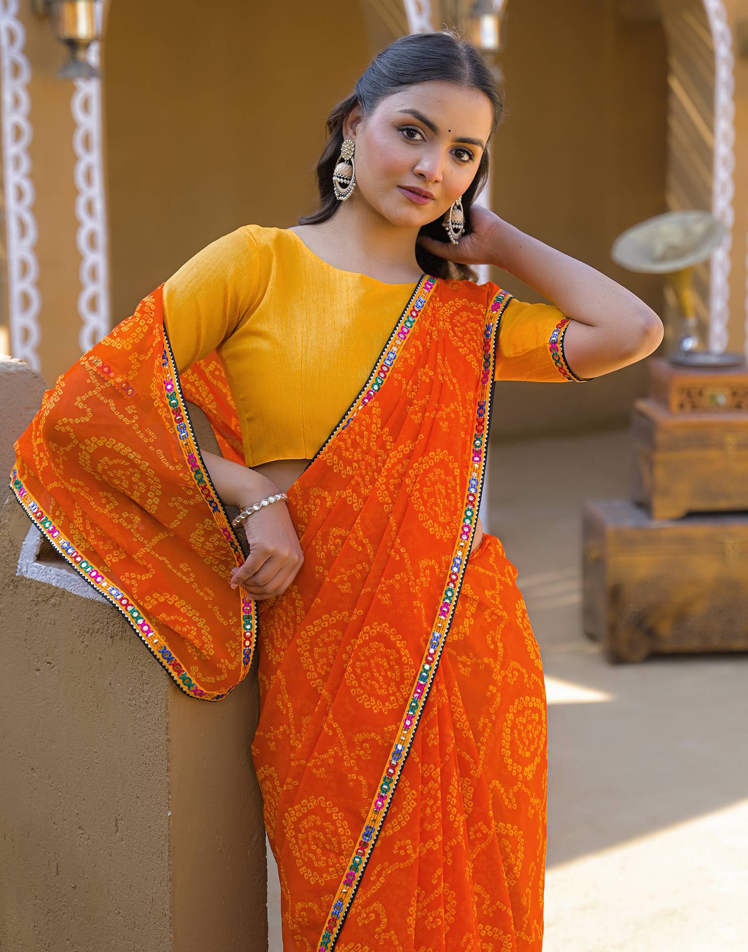 Orange Georgette Printed Bandhani Saree - Image 9