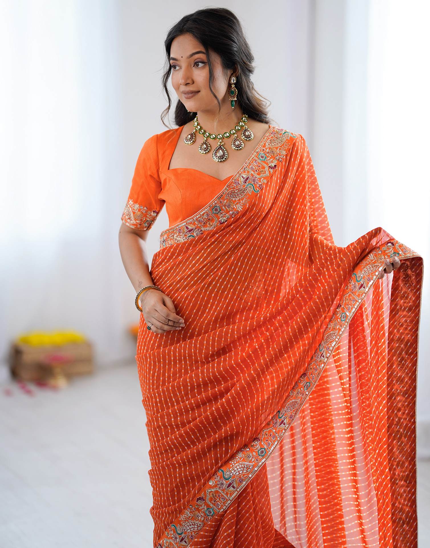 Orange Georgette Printed Laheriya Saree - Image 2