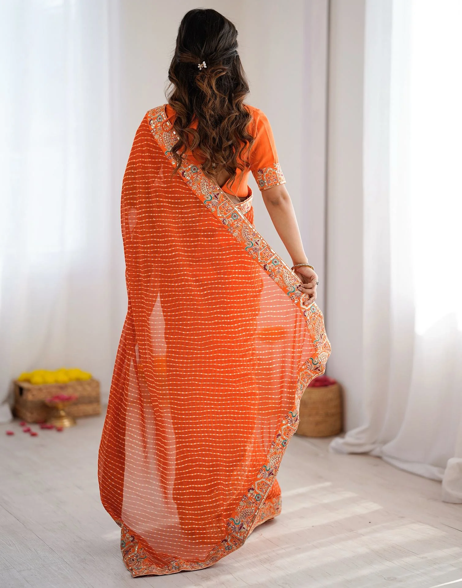 Orange Georgette Printed Laheriya Saree - Image 6