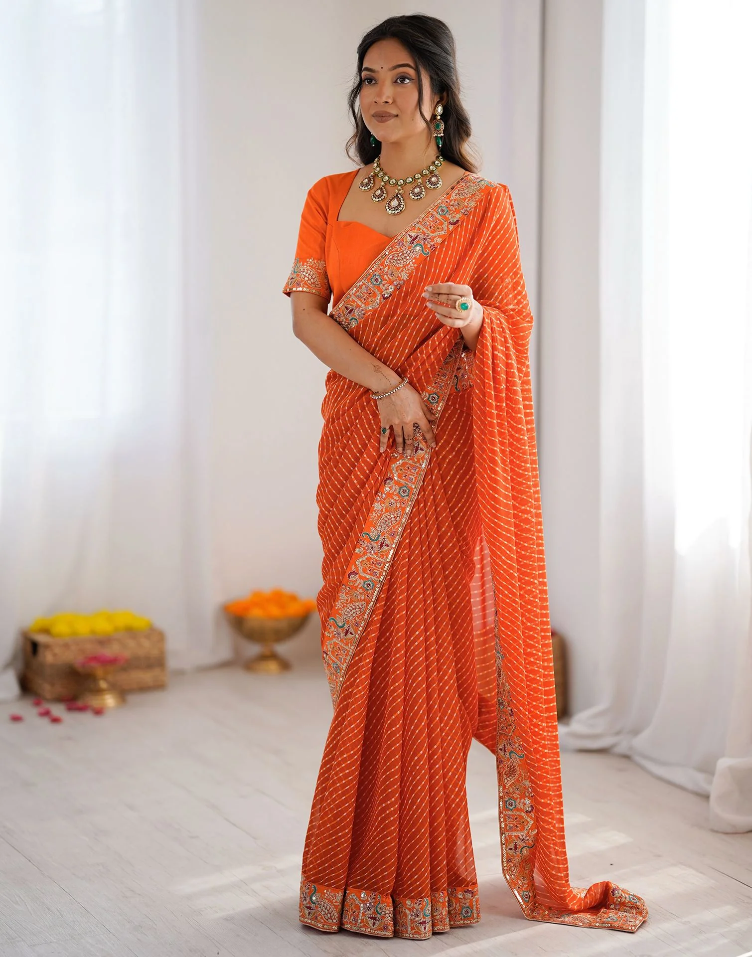 Orange Georgette Printed Laheriya Saree - Image 7