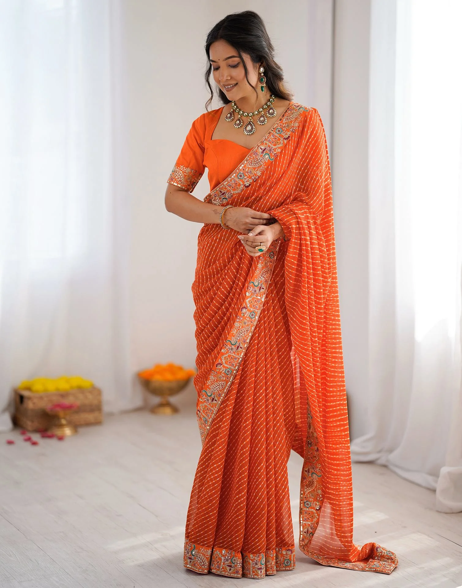 Orange Georgette Printed Laheriya Saree - Image 8