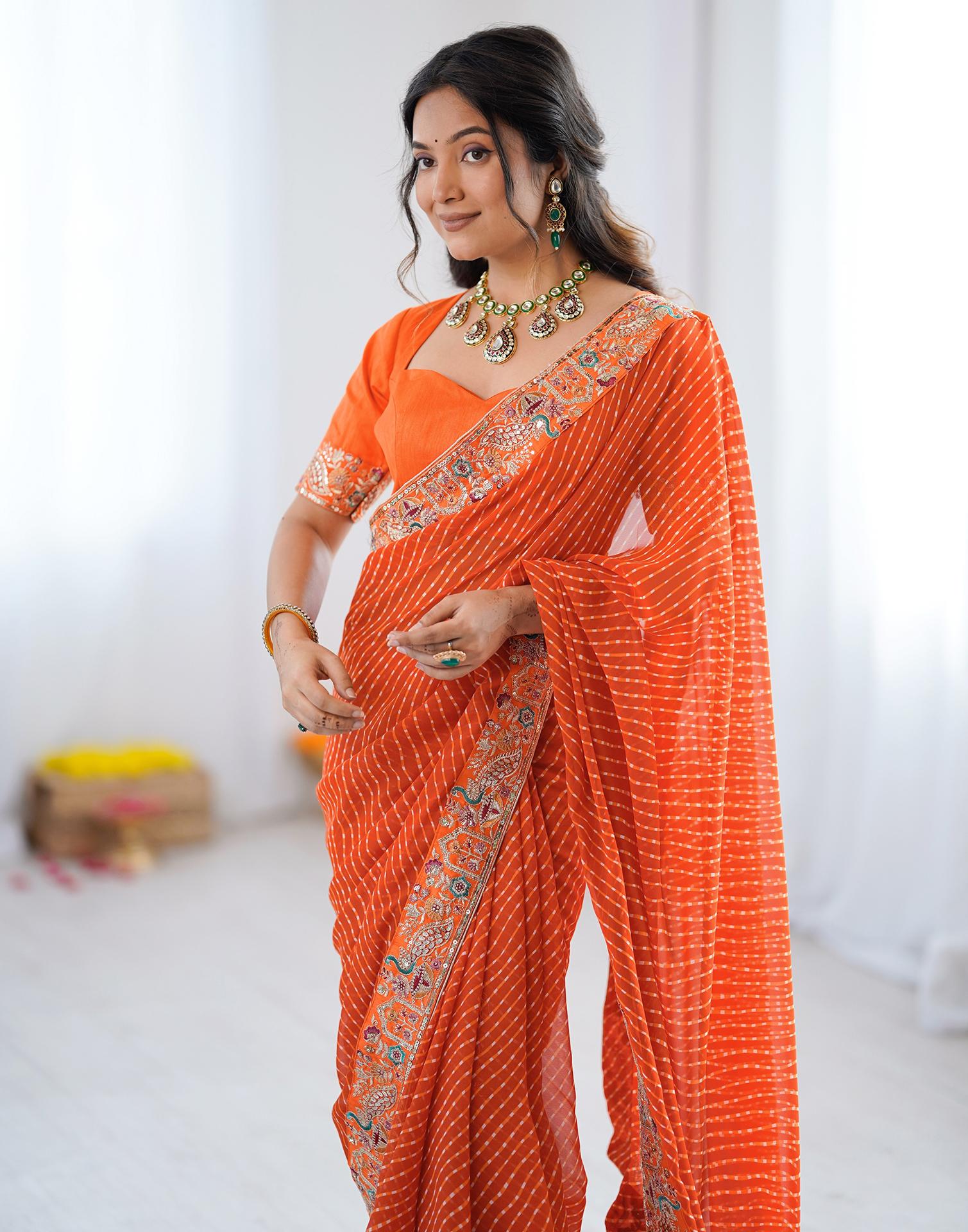 Orange Georgette Printed Laheriya Saree - Image 9