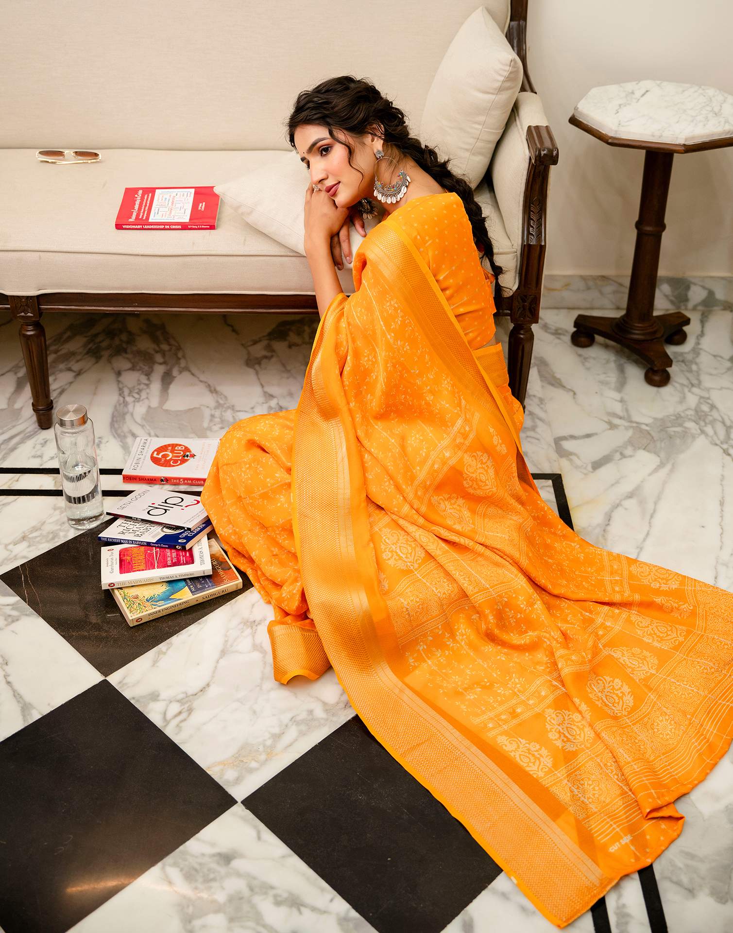 Orange Georgette Printed Zari Stripe SareeĀ - Image 10