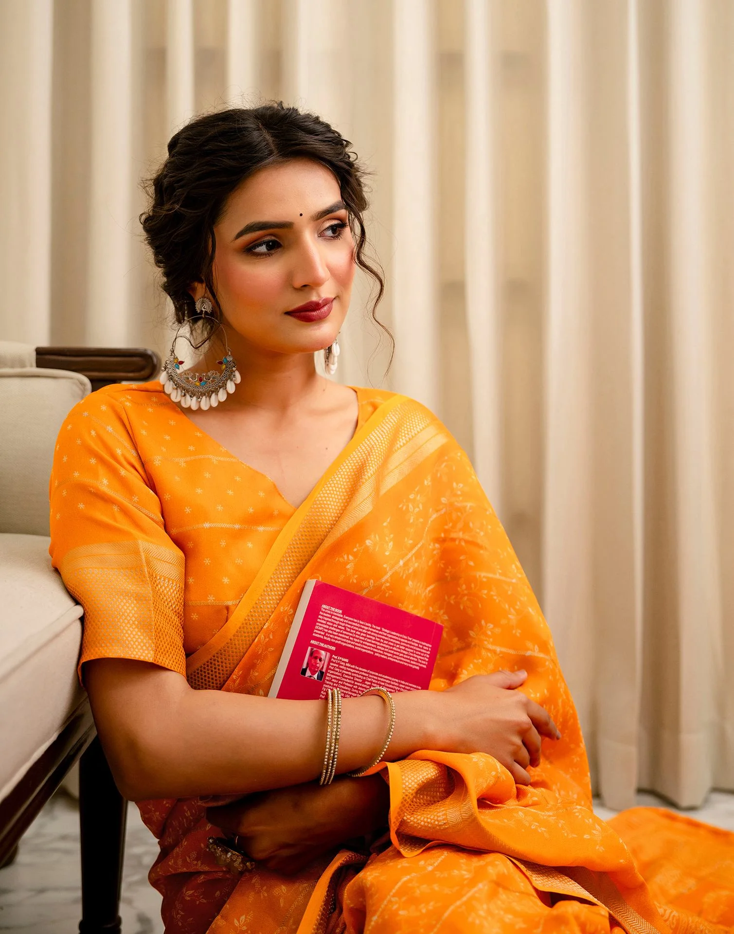 Orange Georgette Printed Zari Stripe SareeĀ - Image 2