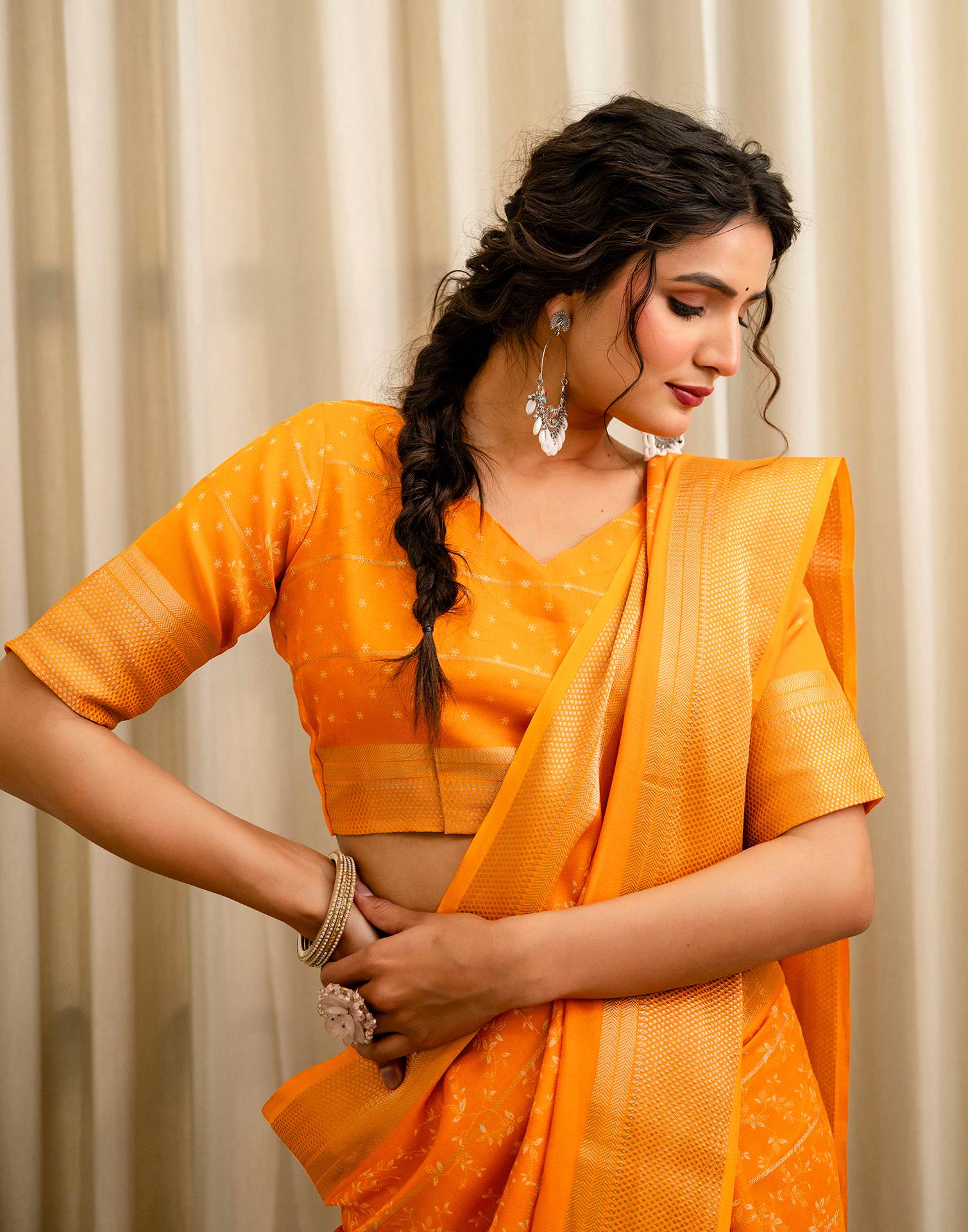Orange Georgette Printed Zari Stripe SareeĀ - Image 4