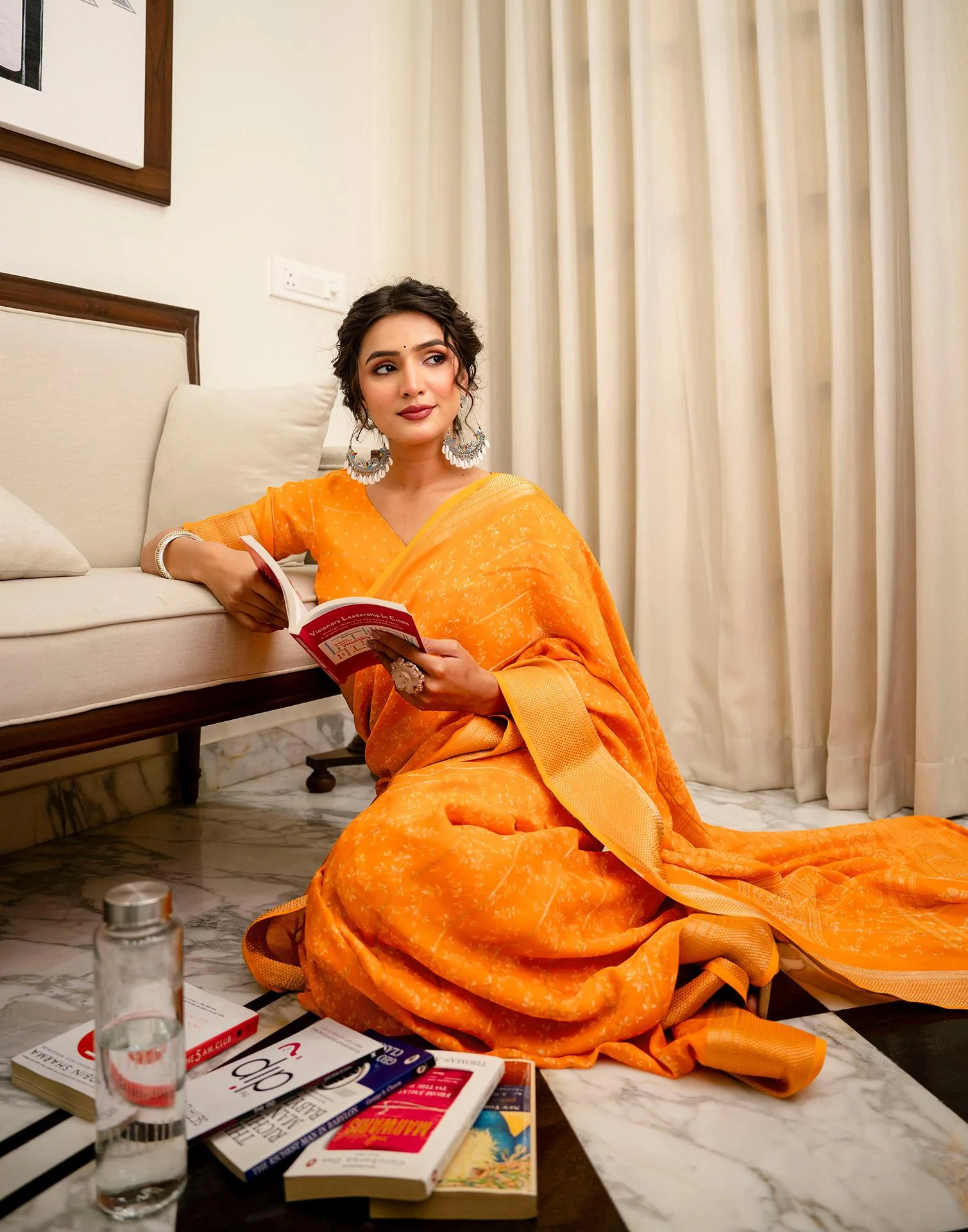 Orange Georgette Printed Zari Stripe SareeĀ - Image 5