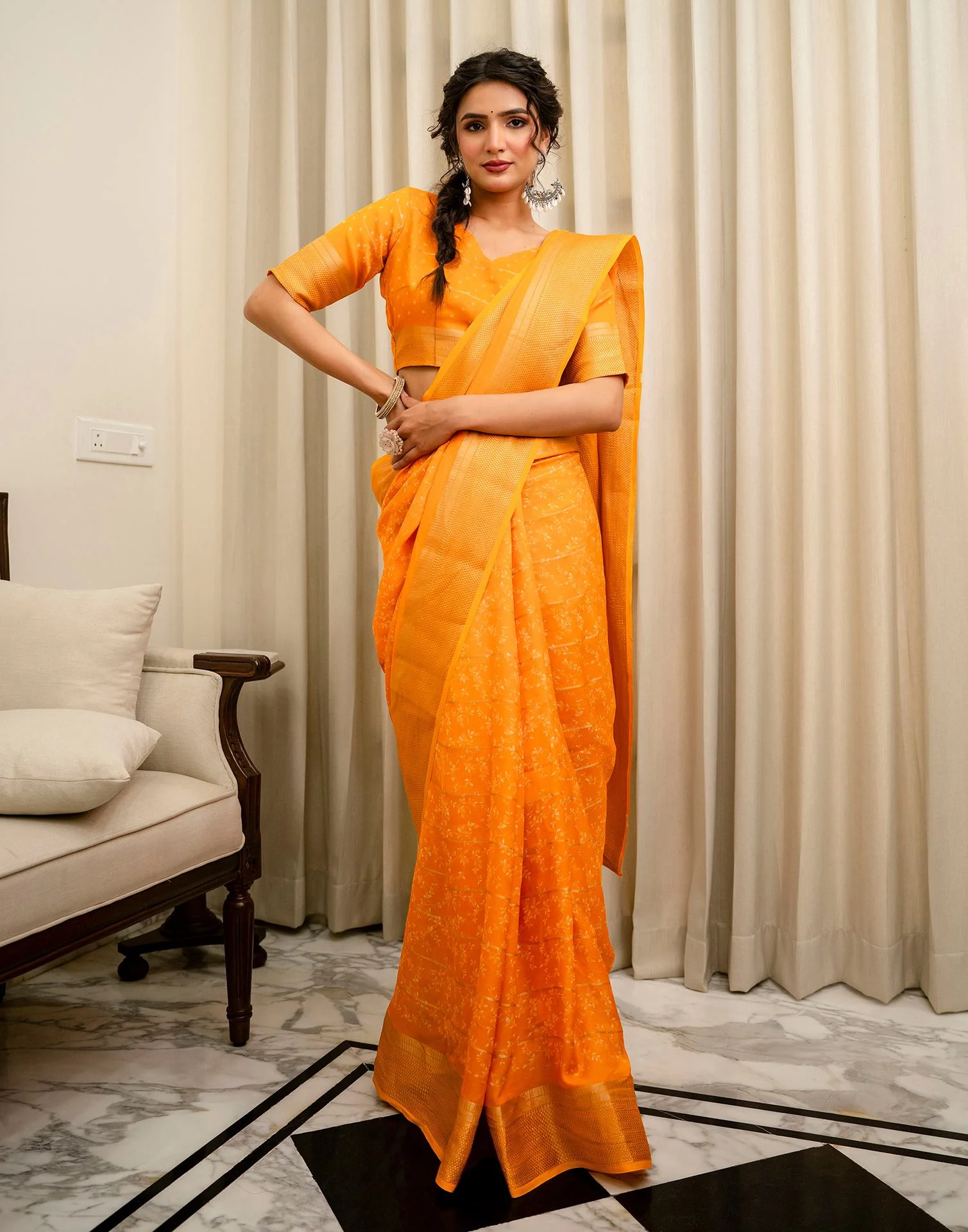 Orange Georgette Printed Zari Stripe SareeĀ - Image 9
