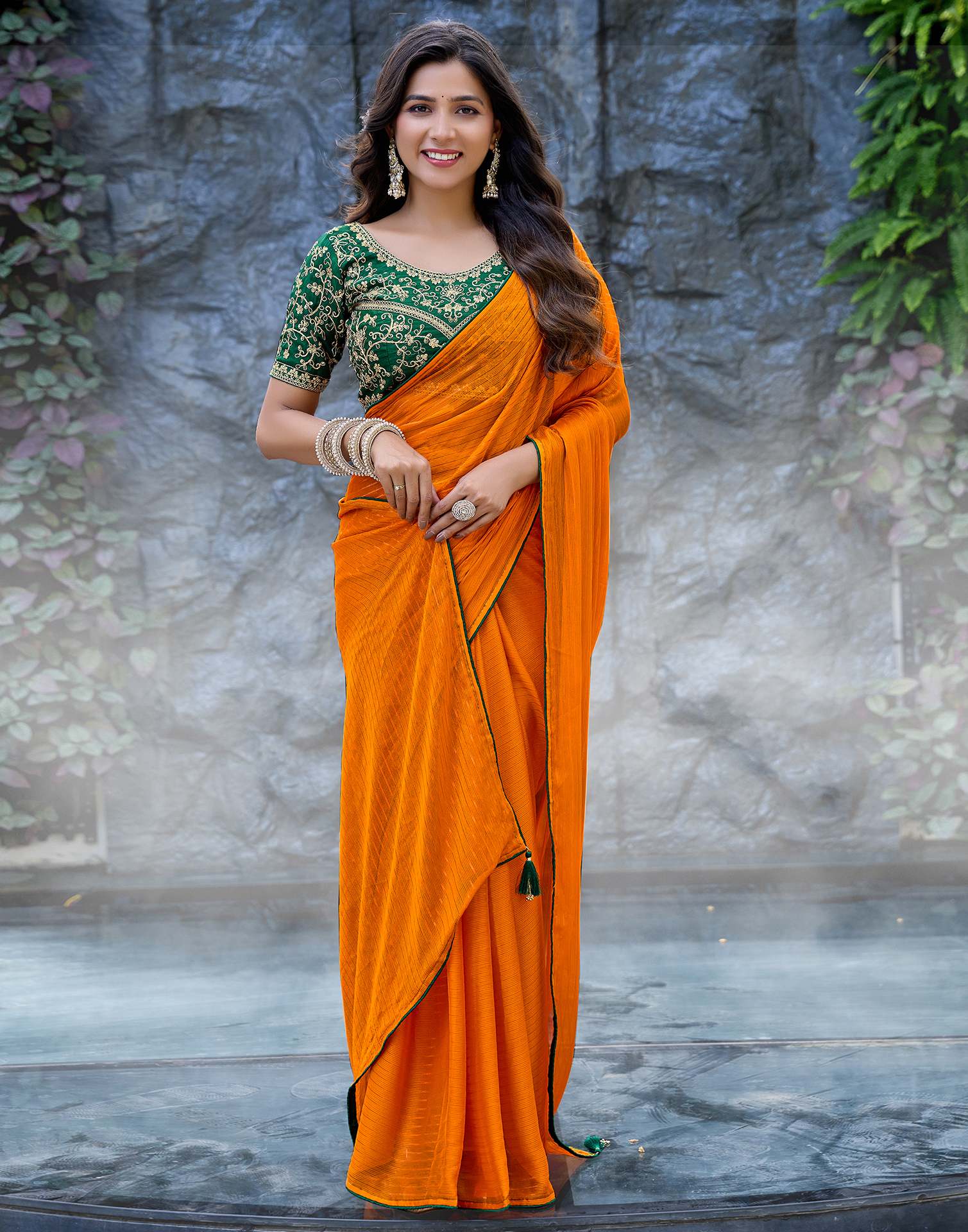 Orange Georgette Zari Stripe Saree - Image 5