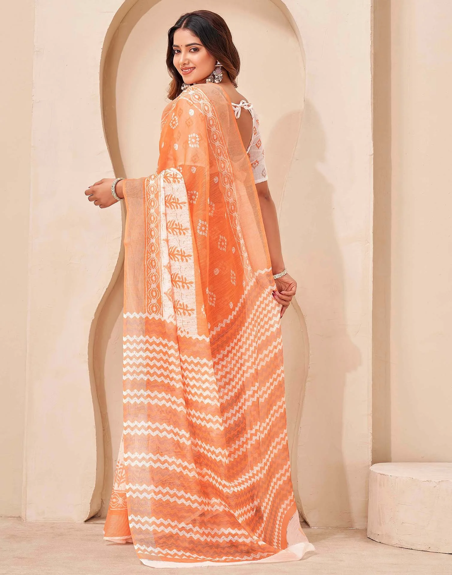 Orange Linen Bandhani Printed Saree - Image 6