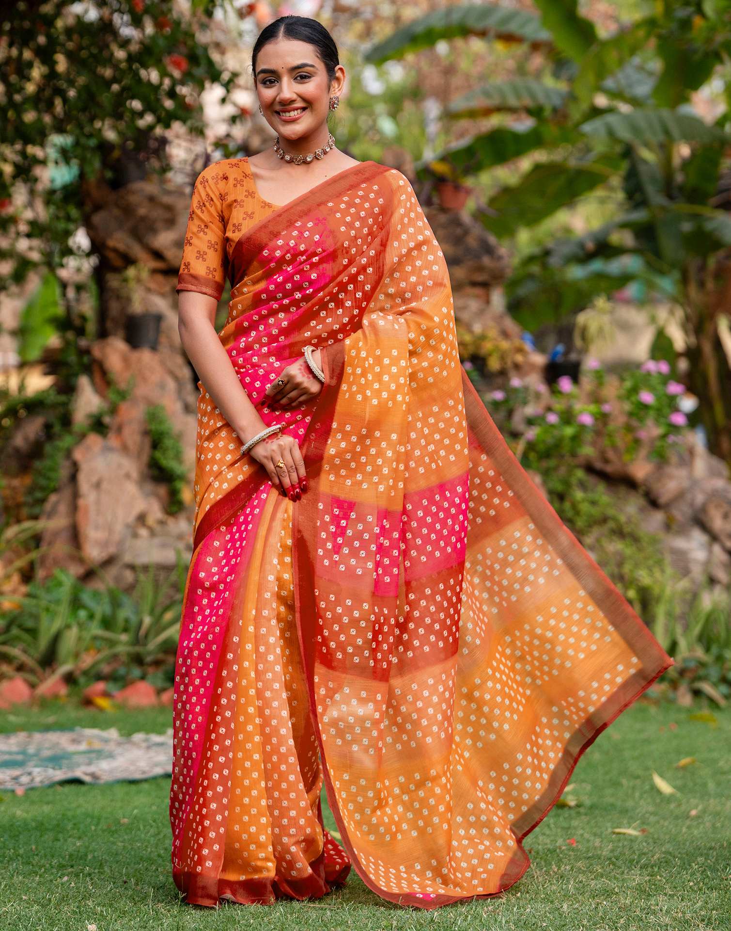 Vat Savitri Special Orange Linen Bandhani Printed Saree - Image 2