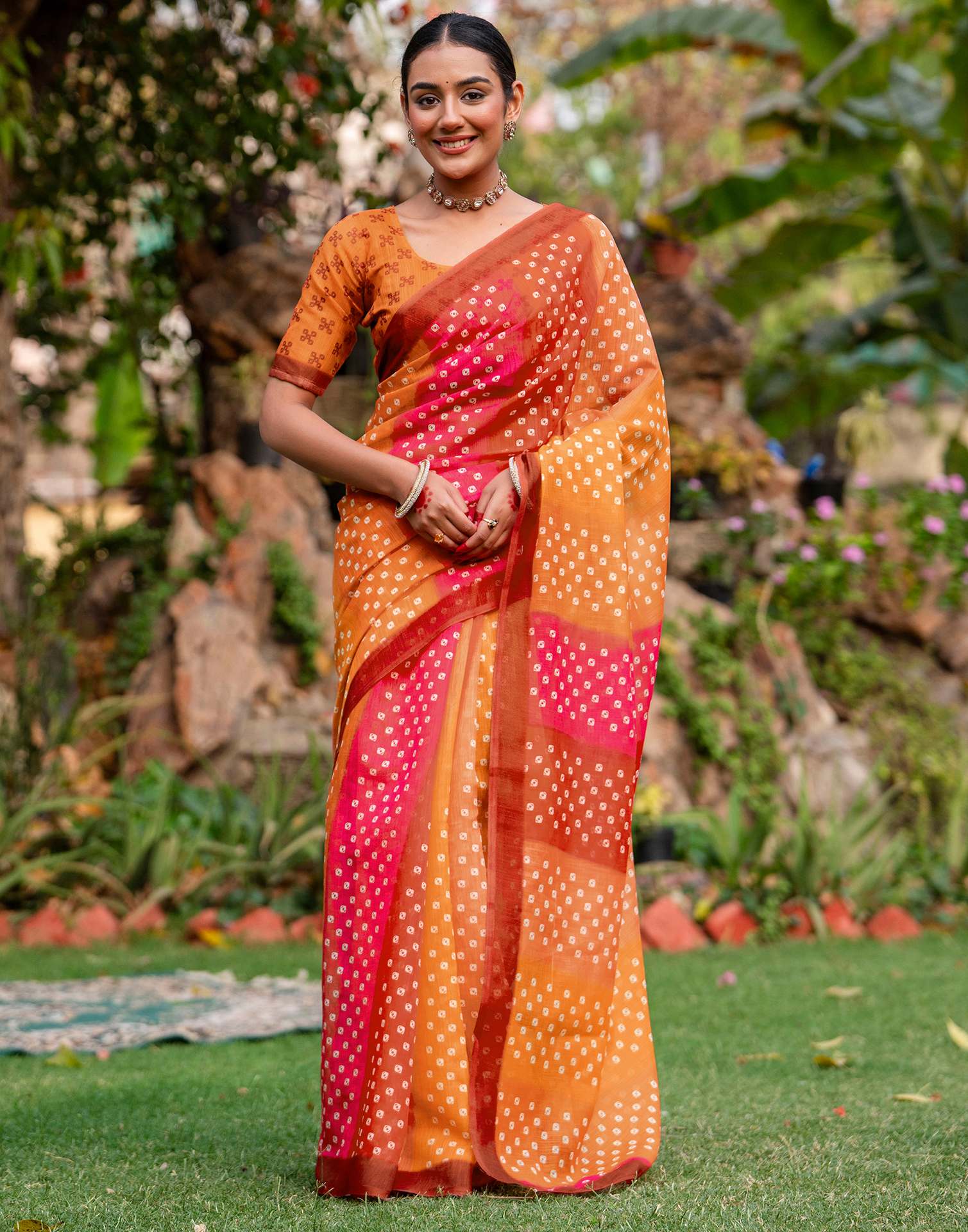 Vat Savitri Special Orange Linen Bandhani Printed Saree - Image 3