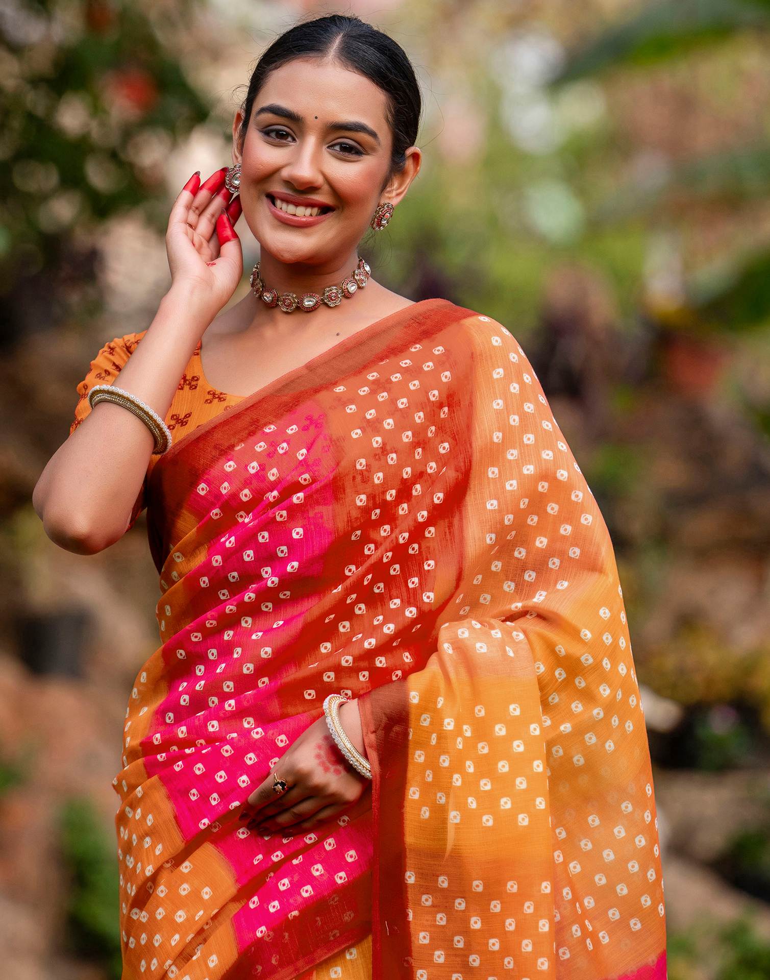 Vat Savitri Special Orange Linen Bandhani Printed Saree - Image 5