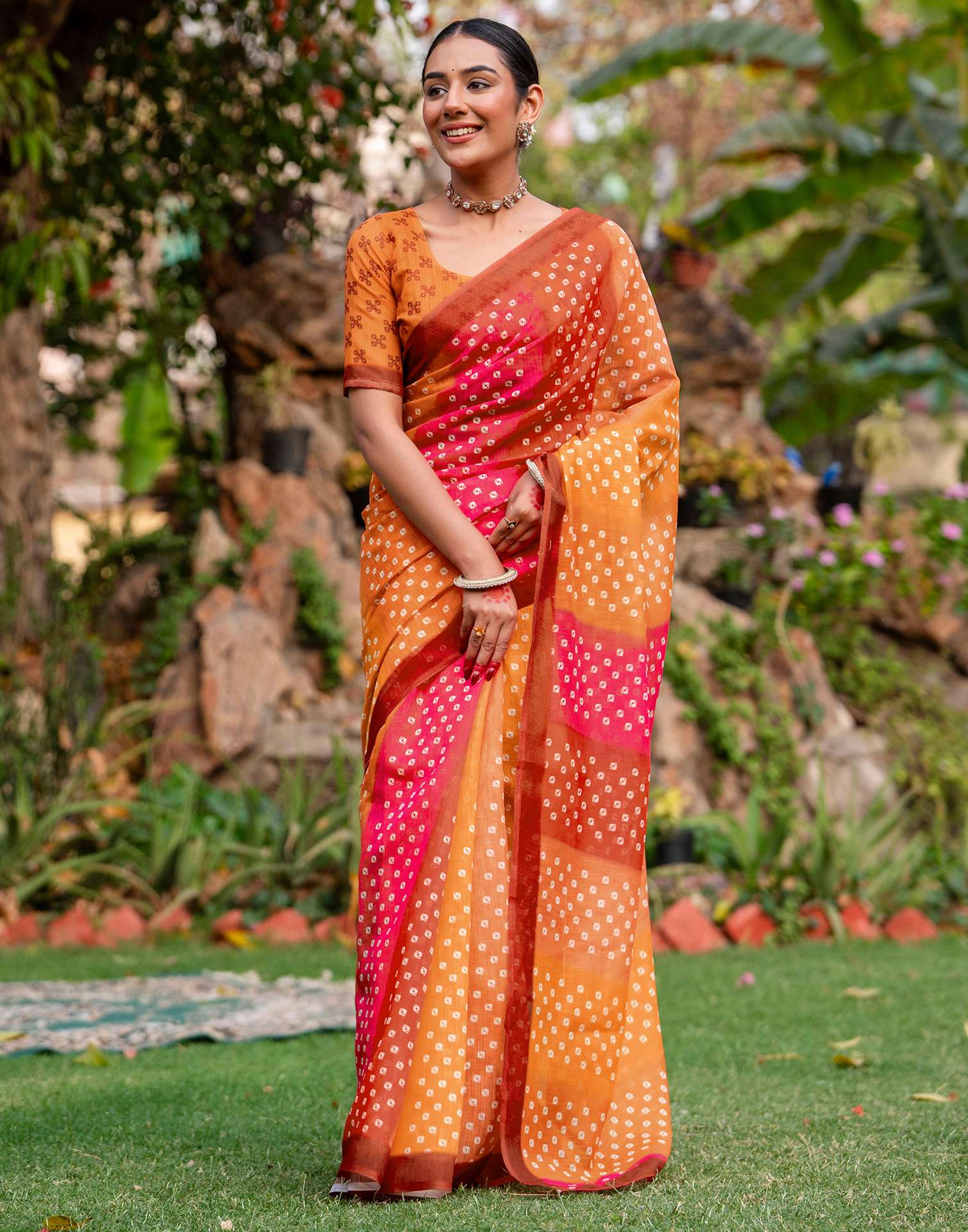 Vat Savitri Special Orange Linen Bandhani Printed Saree - Image 8