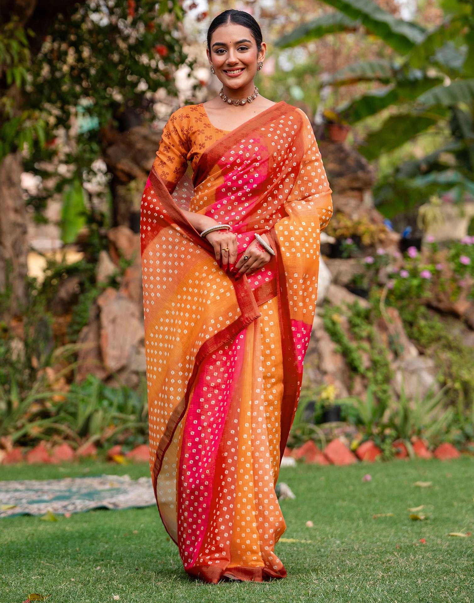 Vat Savitri Special Orange Linen Bandhani Printed Saree - Image 9