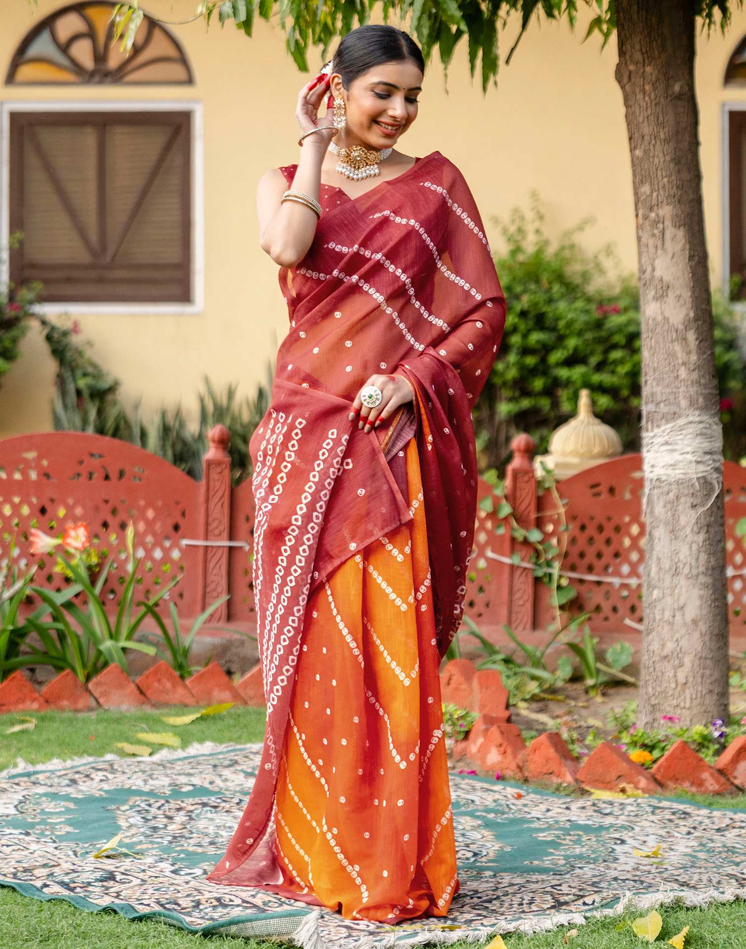 Vat Savitri Special Orange Linen Bandhani Printed Saree - Image 10